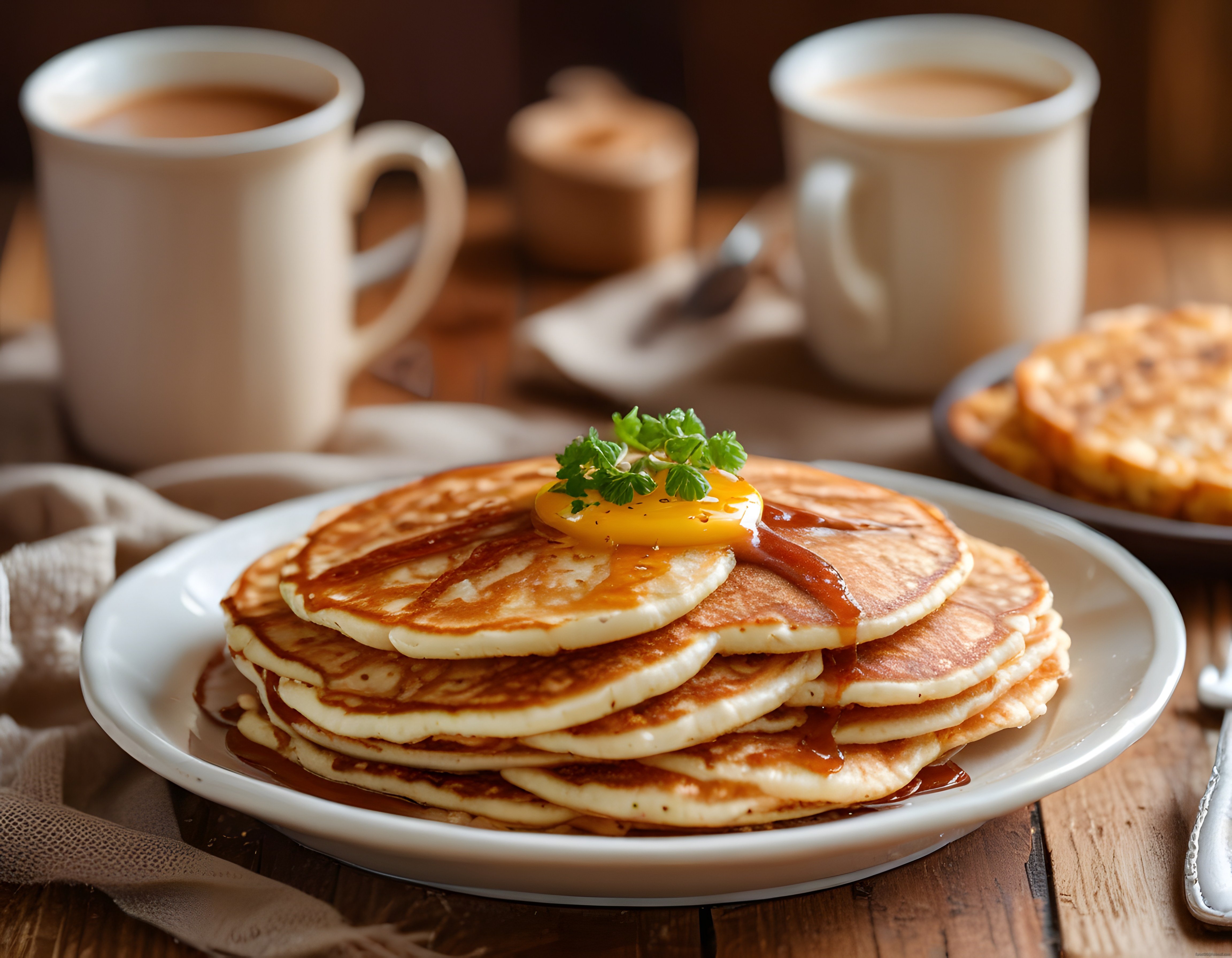 Ahşap Masada Sıcak Pancake Kulesi: Kahvaltı İçin Tereyağı ve Şurup Süslenmiş Krep Tabağı