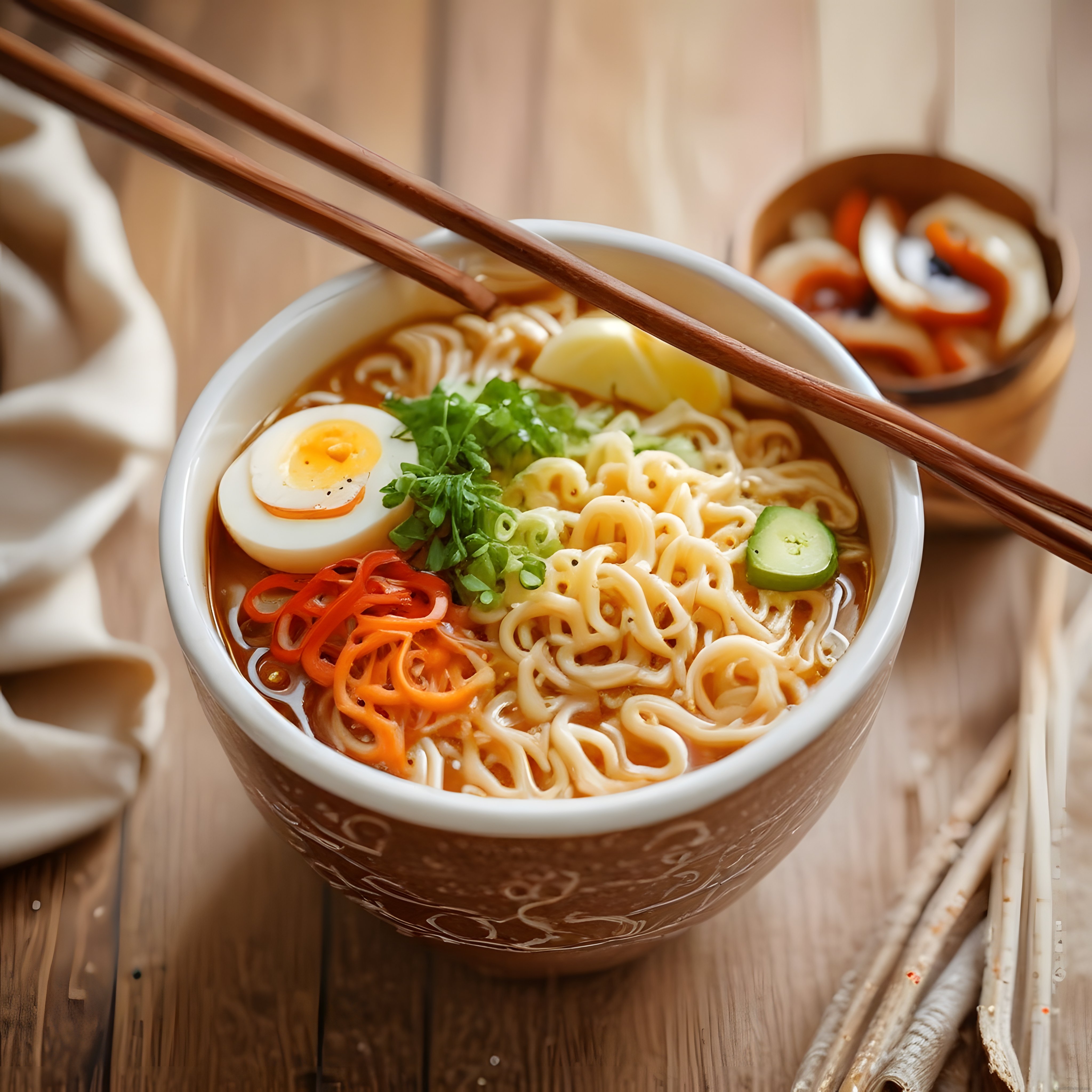 Ahşap Masada Sıcak Ramen Çorbası: Yumurta, Sebzeler ve Chopstick Eşliğinde
