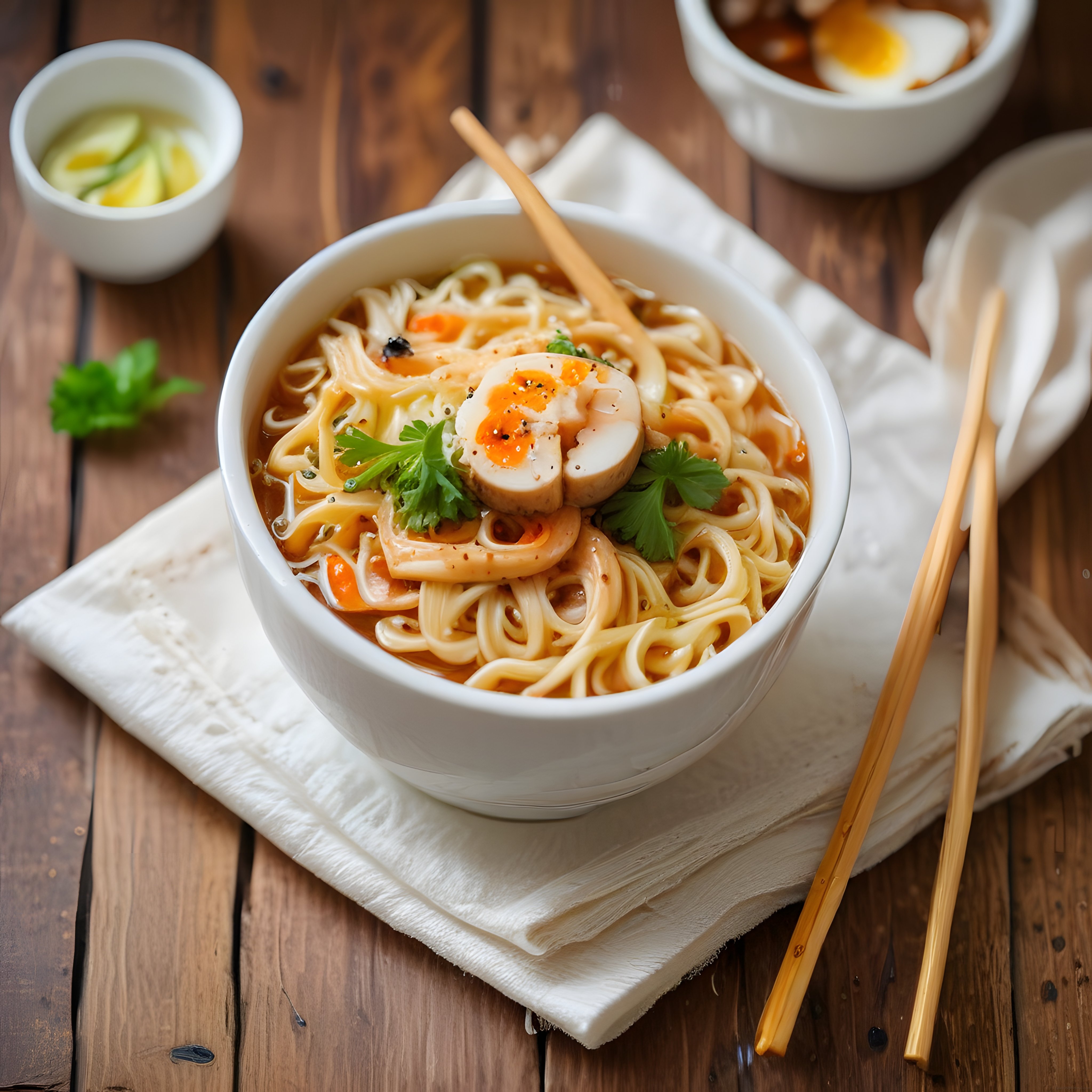 Ahşap Masada Sıcak Ramen Çorbası: Yumurtalı ve Yeşillikli Asya Noodle Kasesi