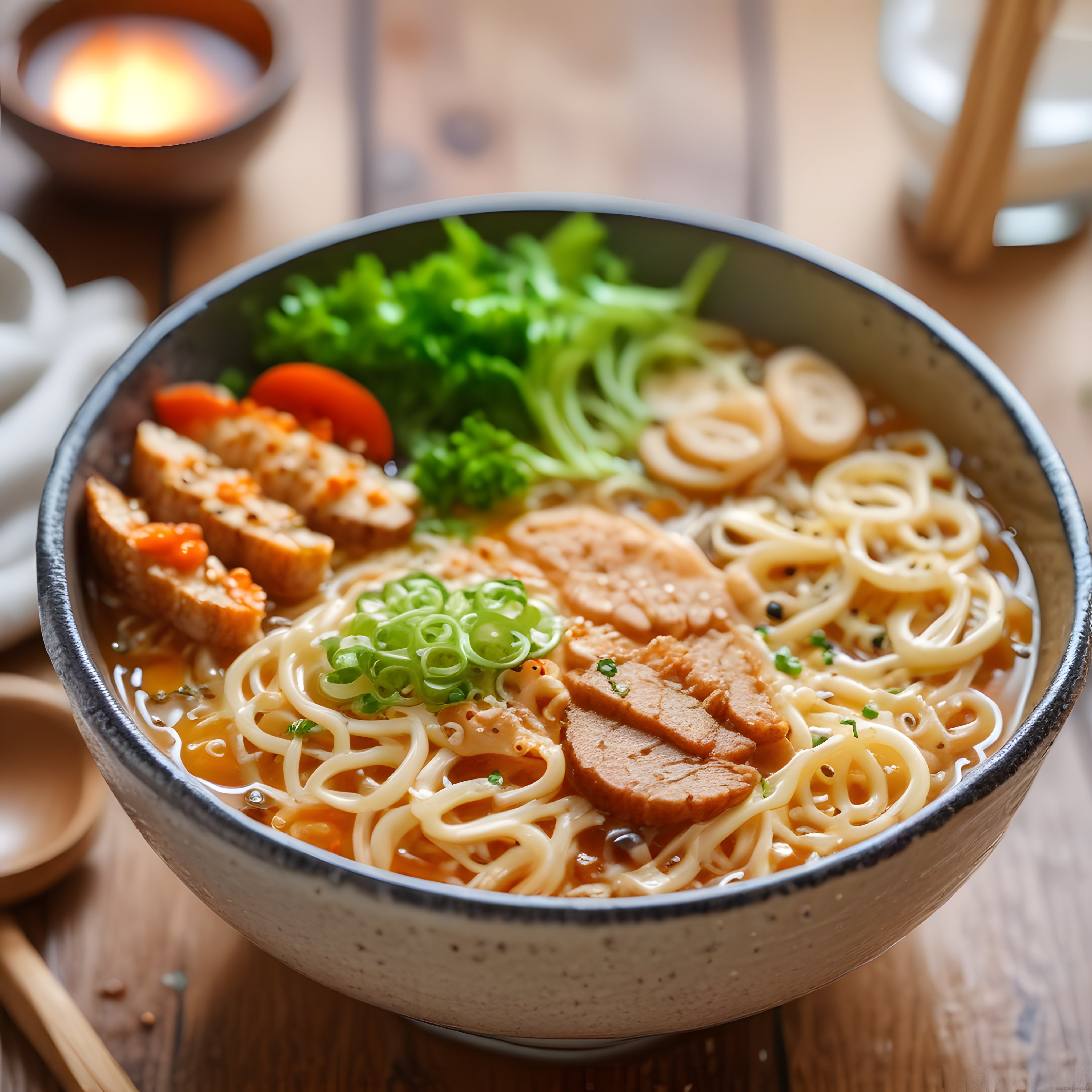 Ahşap Masada Sıcak Ramen Kasesi: Etli ve Sebzeli Erişte Çorbası