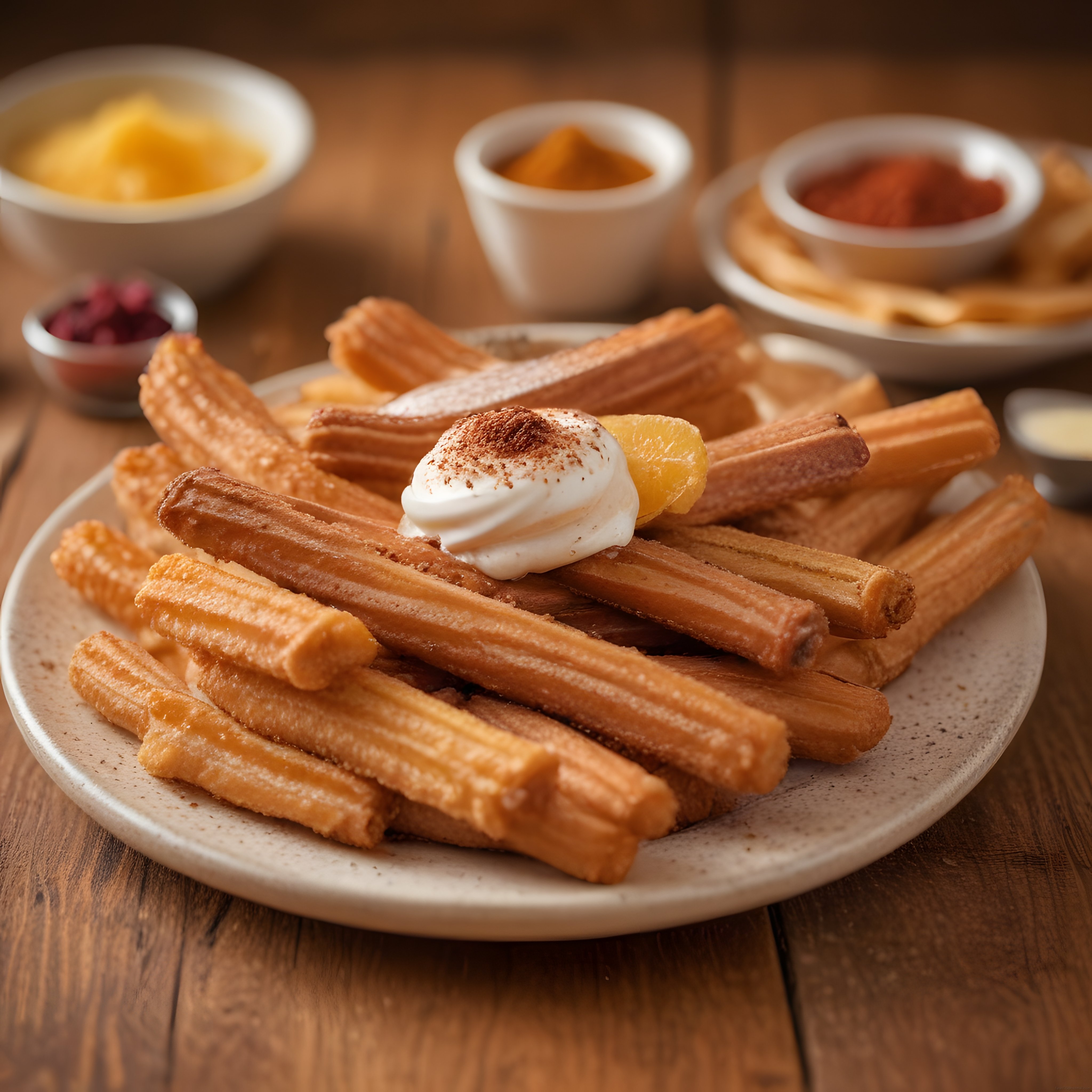 Ahşap Masada Sıcak Servis Edilmiş Altın Churros, Krema ve Tarçın ile Tatlı Keyfi