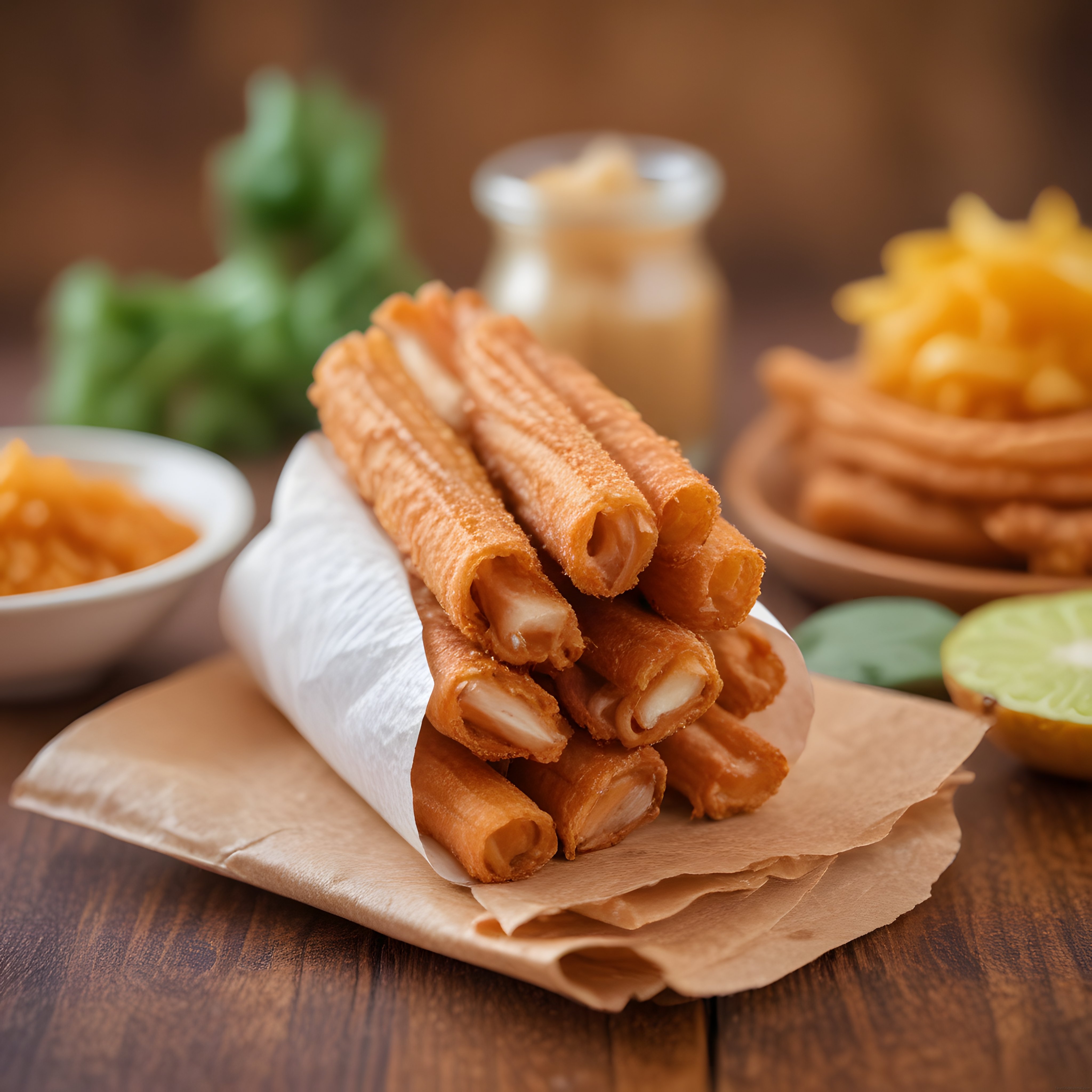 Ahşap masada sıcak servis edilmiş çıtır taquito ve nachos eşliğinde