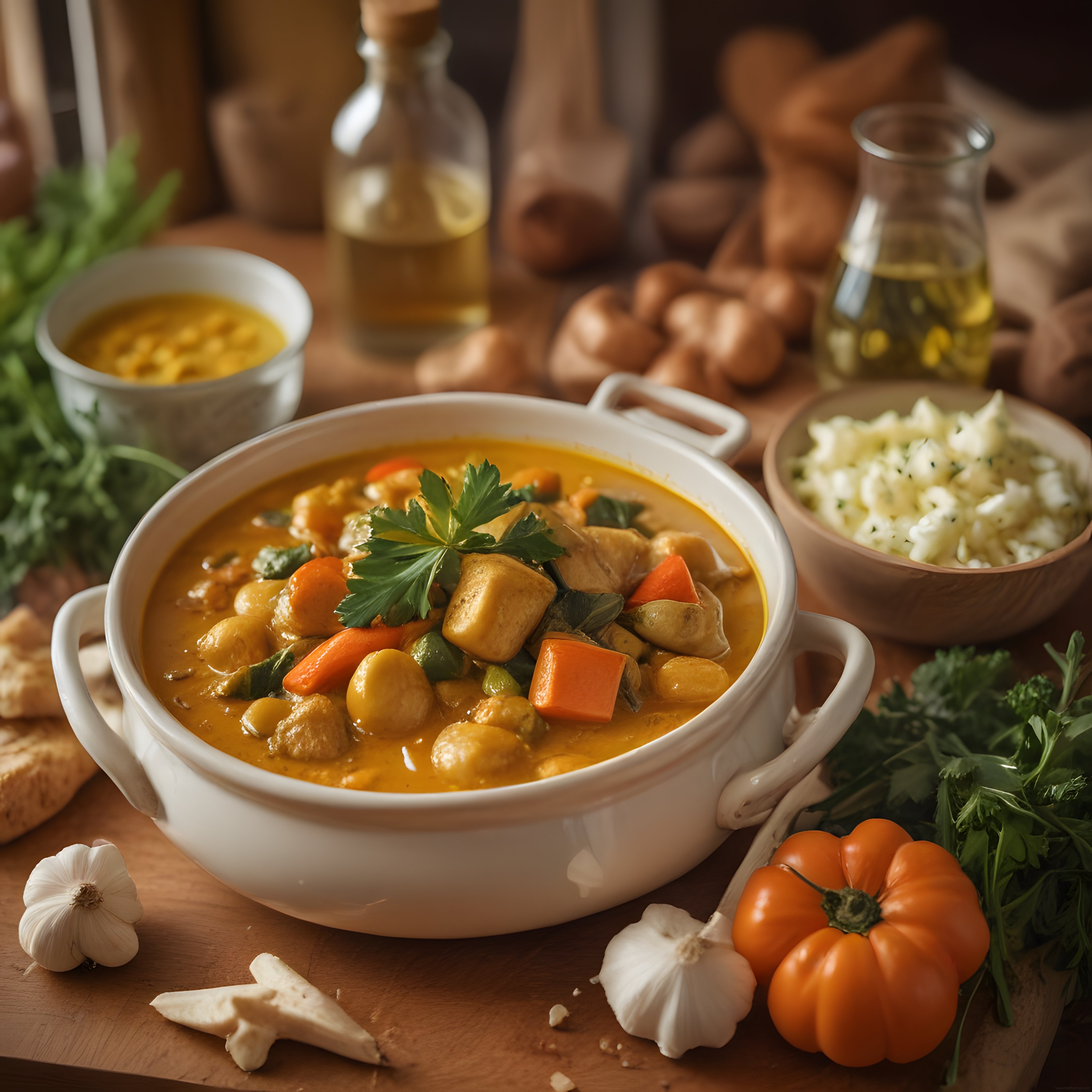 Ahşap Masada Sıcak Tavuklu Nohut Curry ve Tereyağlı Pilav Eşliği