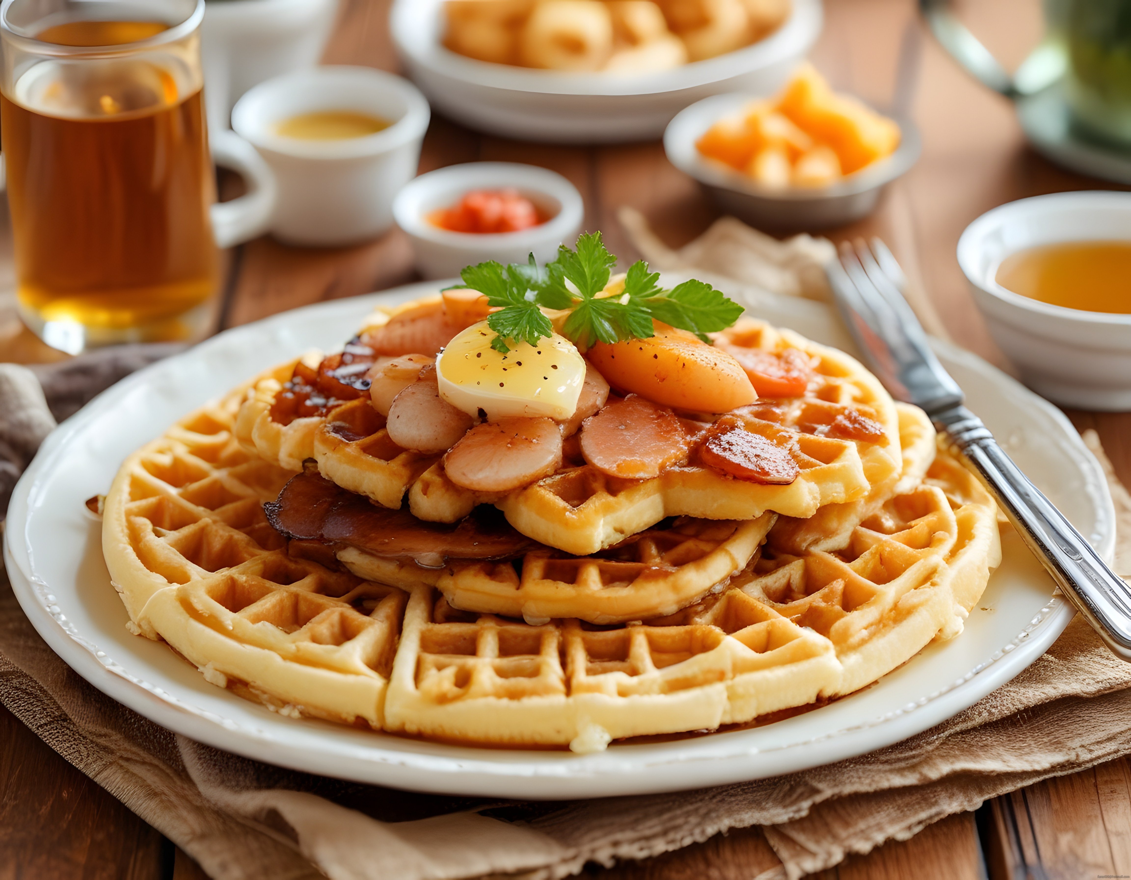 Ahşap Masada Sıcak Waffle, Sosis ve Yumurtalı Kahvaltı Tabağı