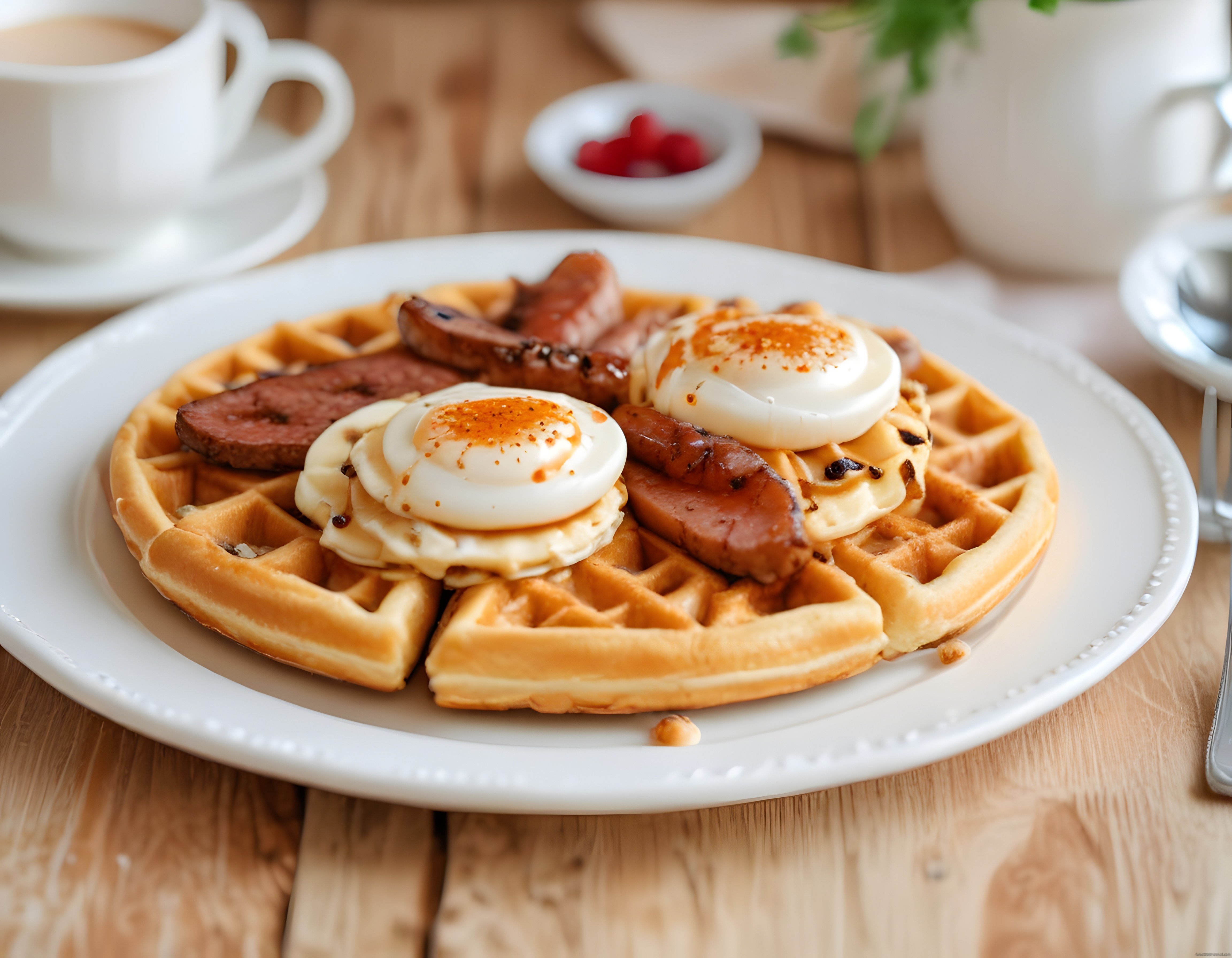 Ahşap Masada Sıcak Waffle Üzerine Poşe Yumurta ve Sosisli Lezzetli Kahvaltı