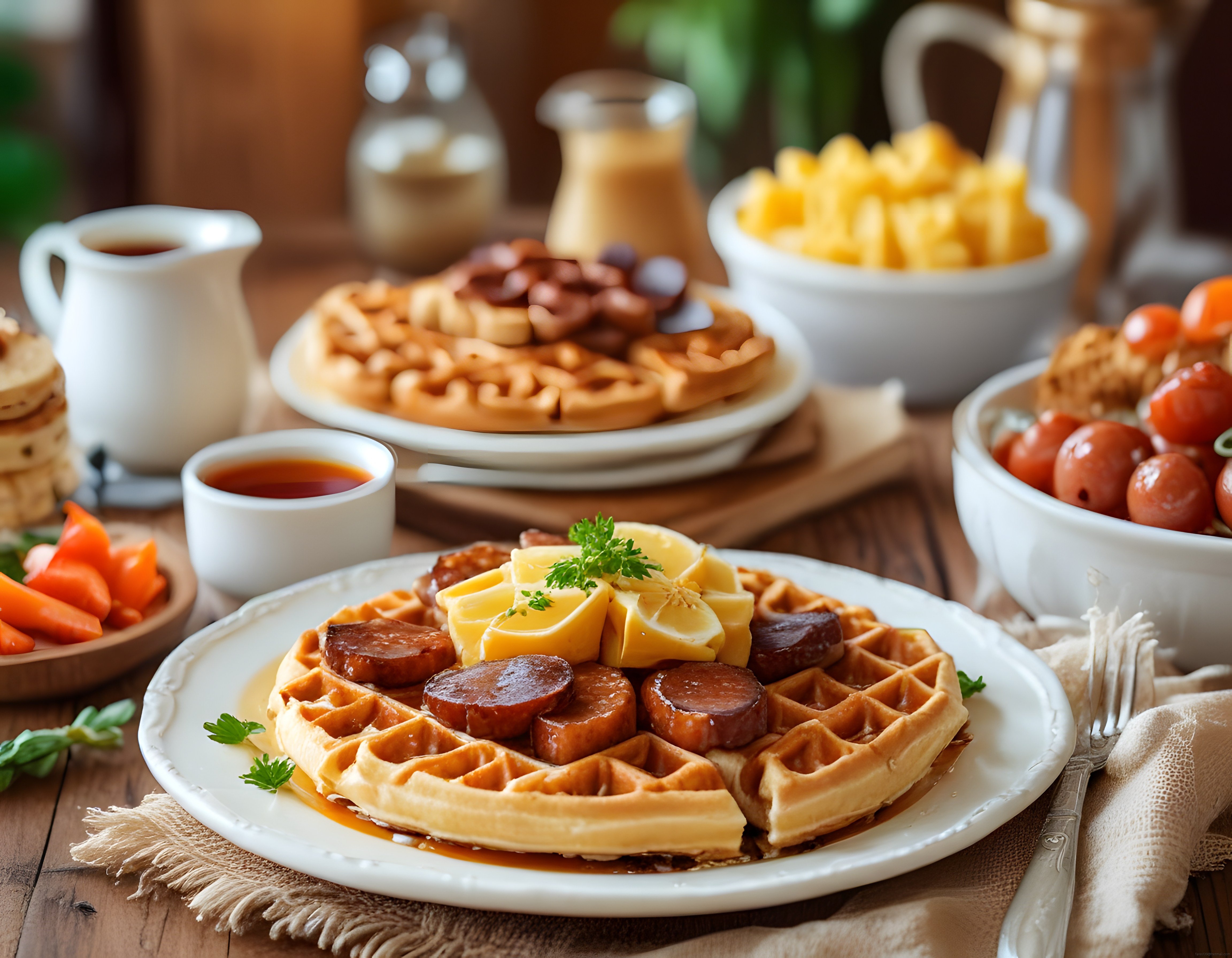 Ahşap Masada Sıcak Waffle ve Kahvaltılık Lezzetlerle Dolu Masal Gibi Bir Kahvaltı