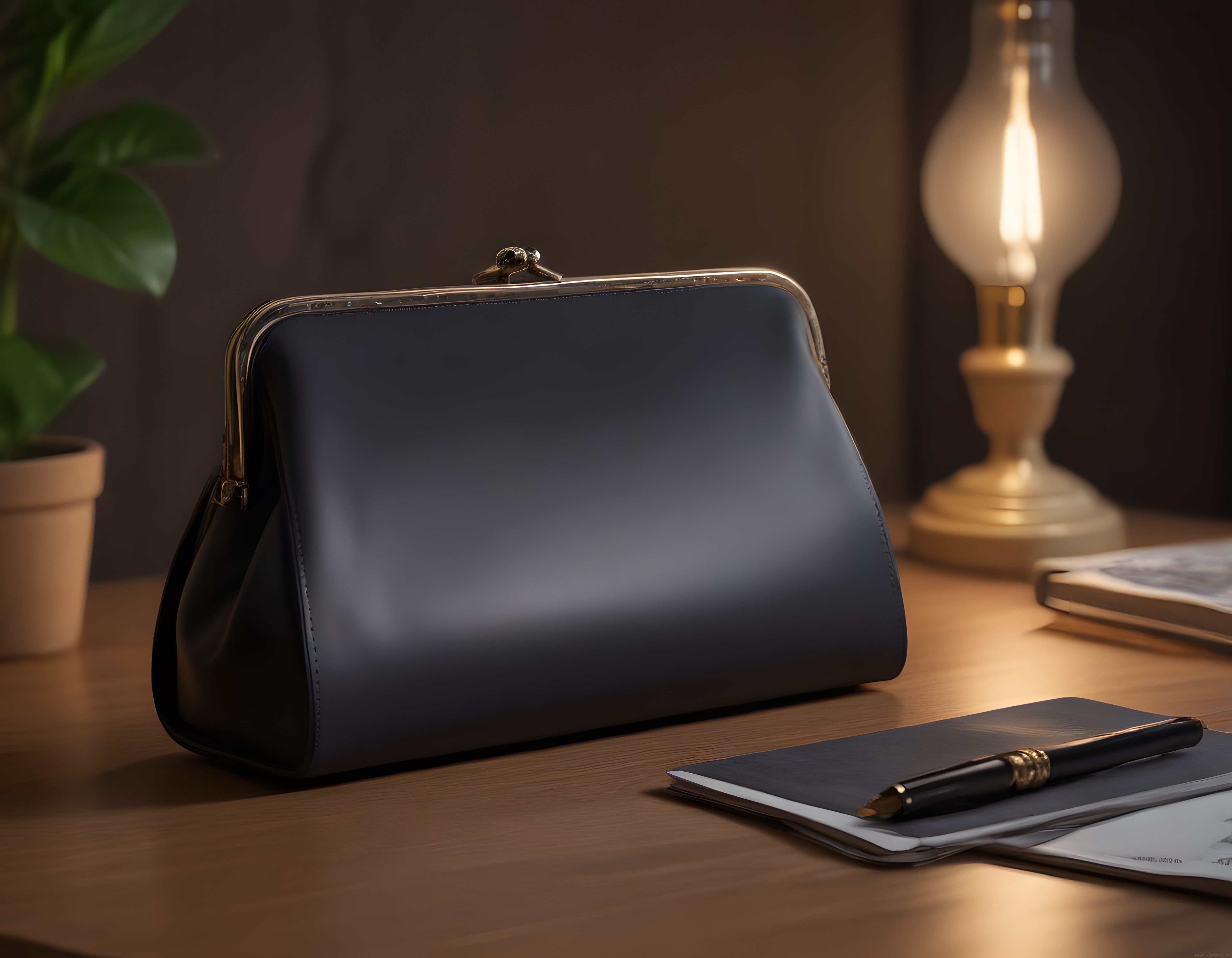 Ahşap masada şık metal klipsli siyah deri clutch çanta ve kalem defter detayı