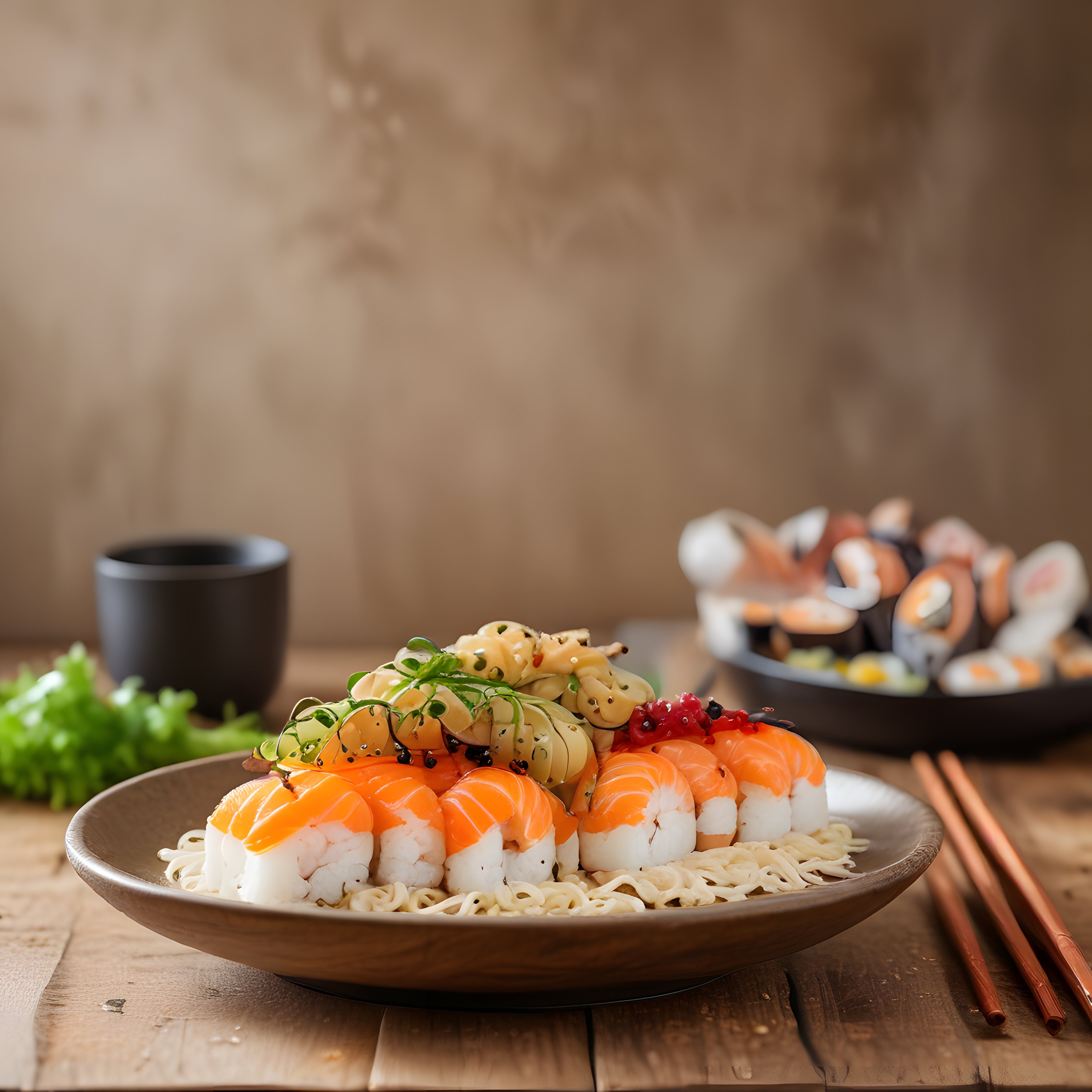 Ahşap Masada Şık Somonlu Sushi ve Erişte Sunumu ile Japon Lezzetleri