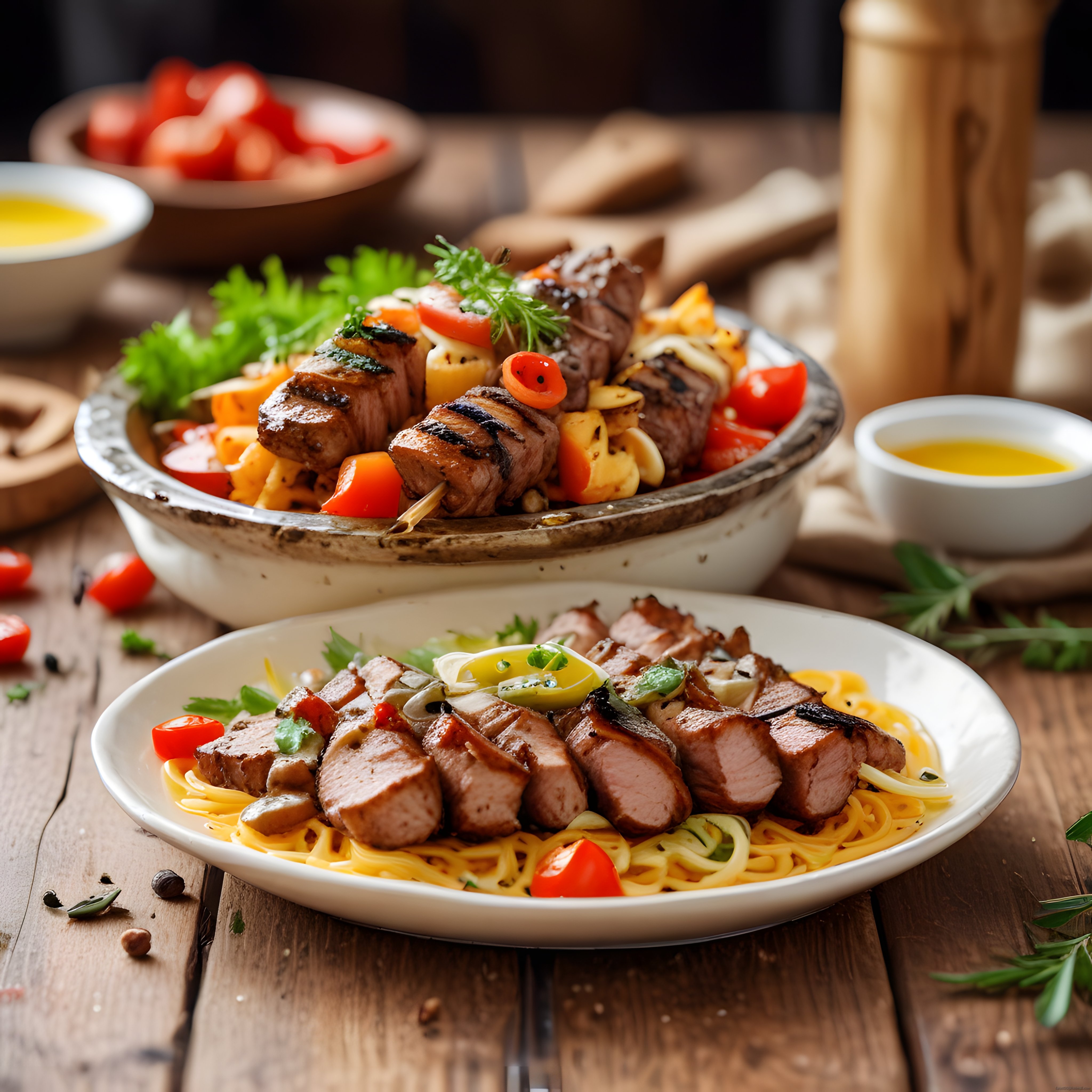 Ahşap Masada Şık Sunumlu Izgara Etli Makarna ve Şiş Kebap Tabakları