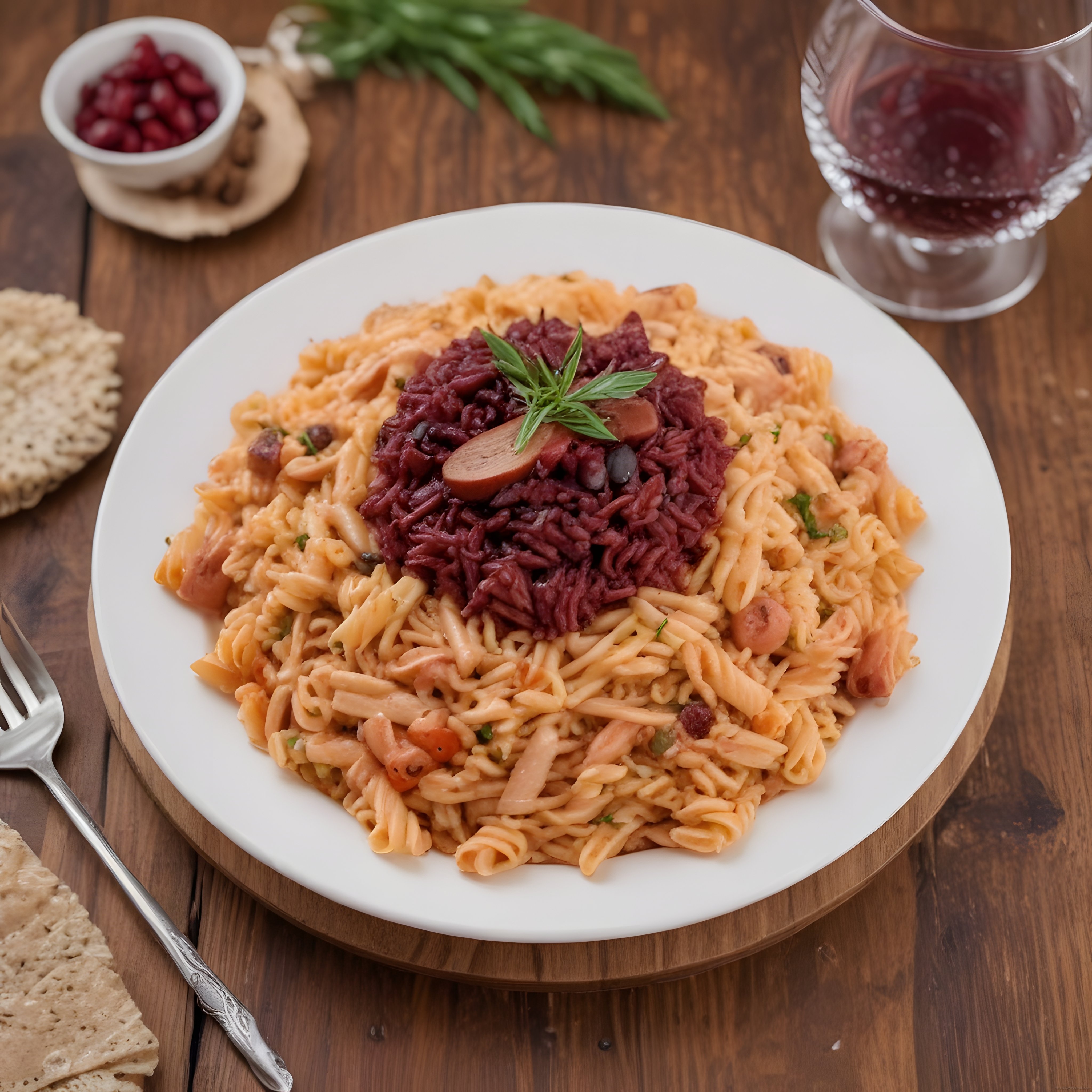 Ahşap Masada Şık Sunumlu Makarna ve Mor Pilav Tabağı ile Davet Sofrası