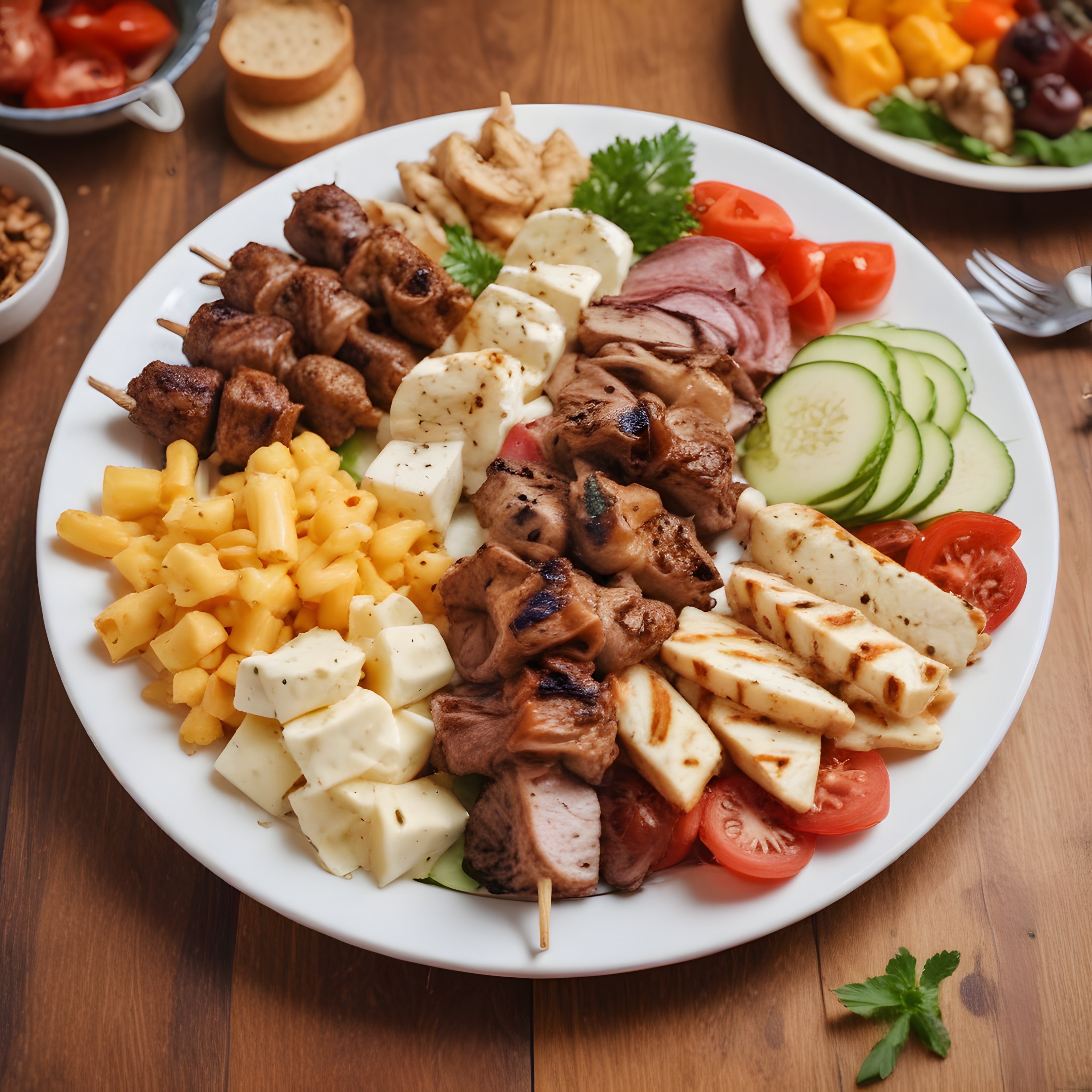 Ahşap Masada Şiş Et ve Çeşitli Peynirlerle Zengin Karışık Izgara Tabağı