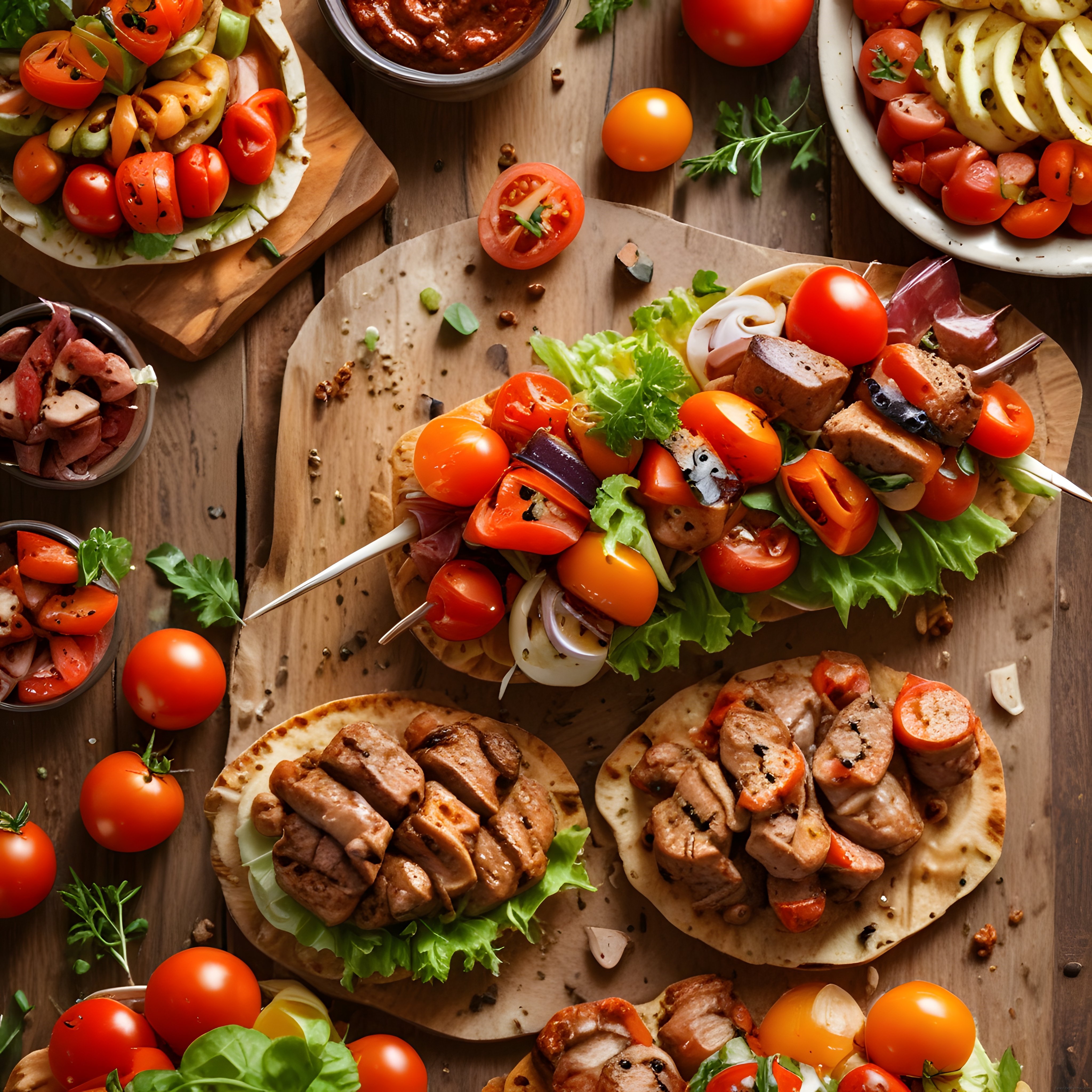 Ahşap masada şiş kebap, ızgara etler ve taze domateslerle zengin bir yemek sunumu