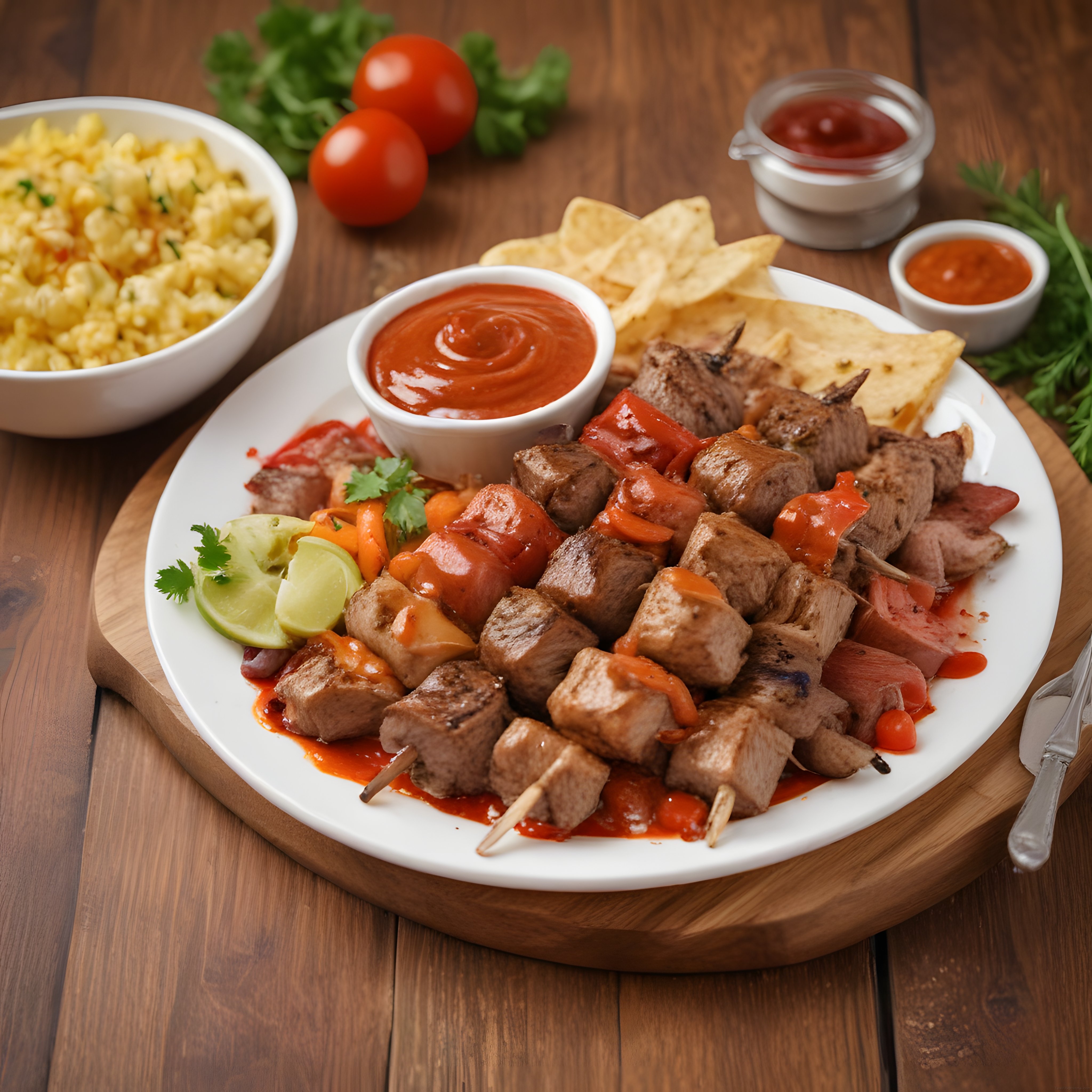 Ahşap Masada Şiş Kebap ve Barbekü Soslu Et Şişleriyle Efsane Izgara Tabağı