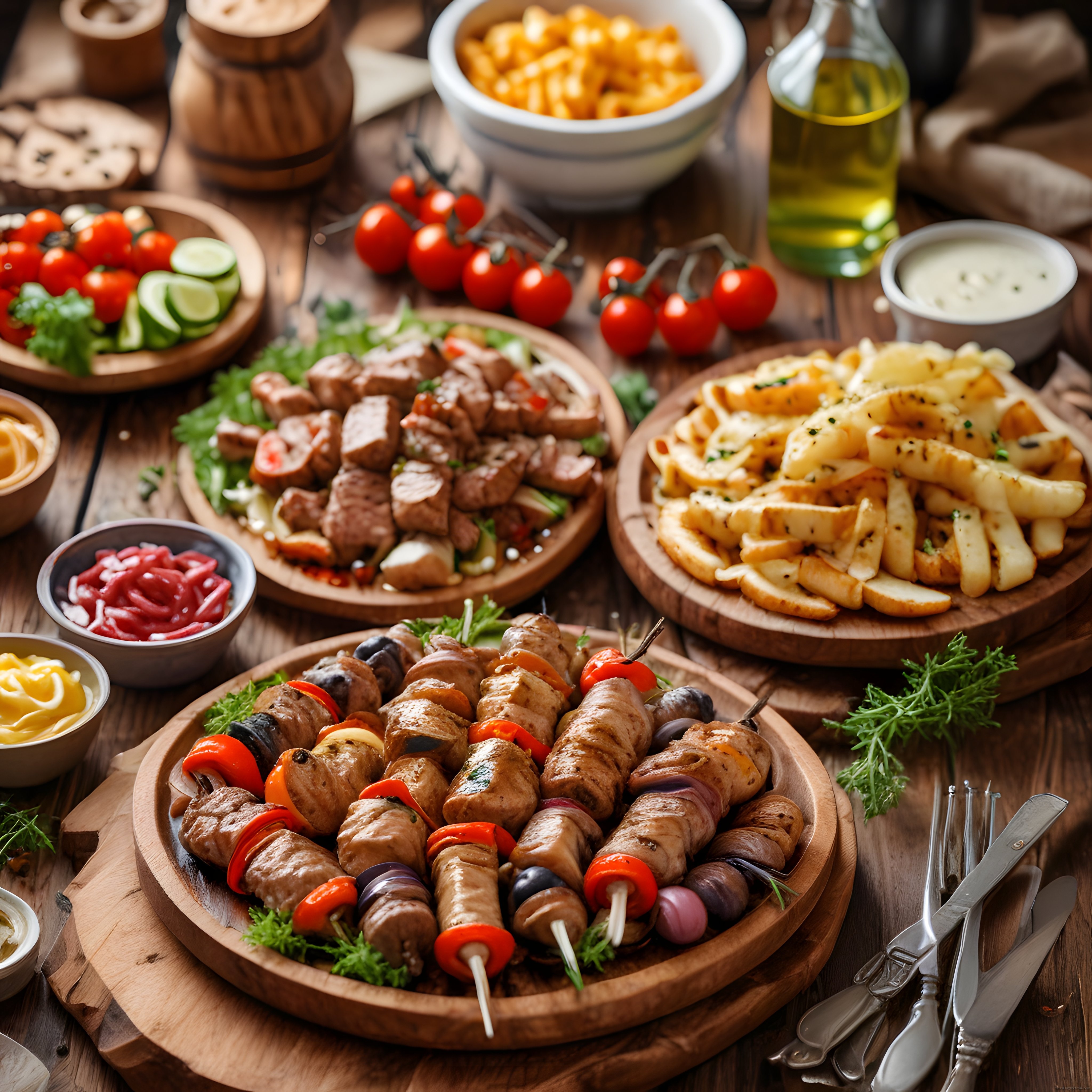 Ahşap Masada Şiş Kebap ve Izgara Et Çeşitleriyle Zengin Akşam Yemeği Sunumu