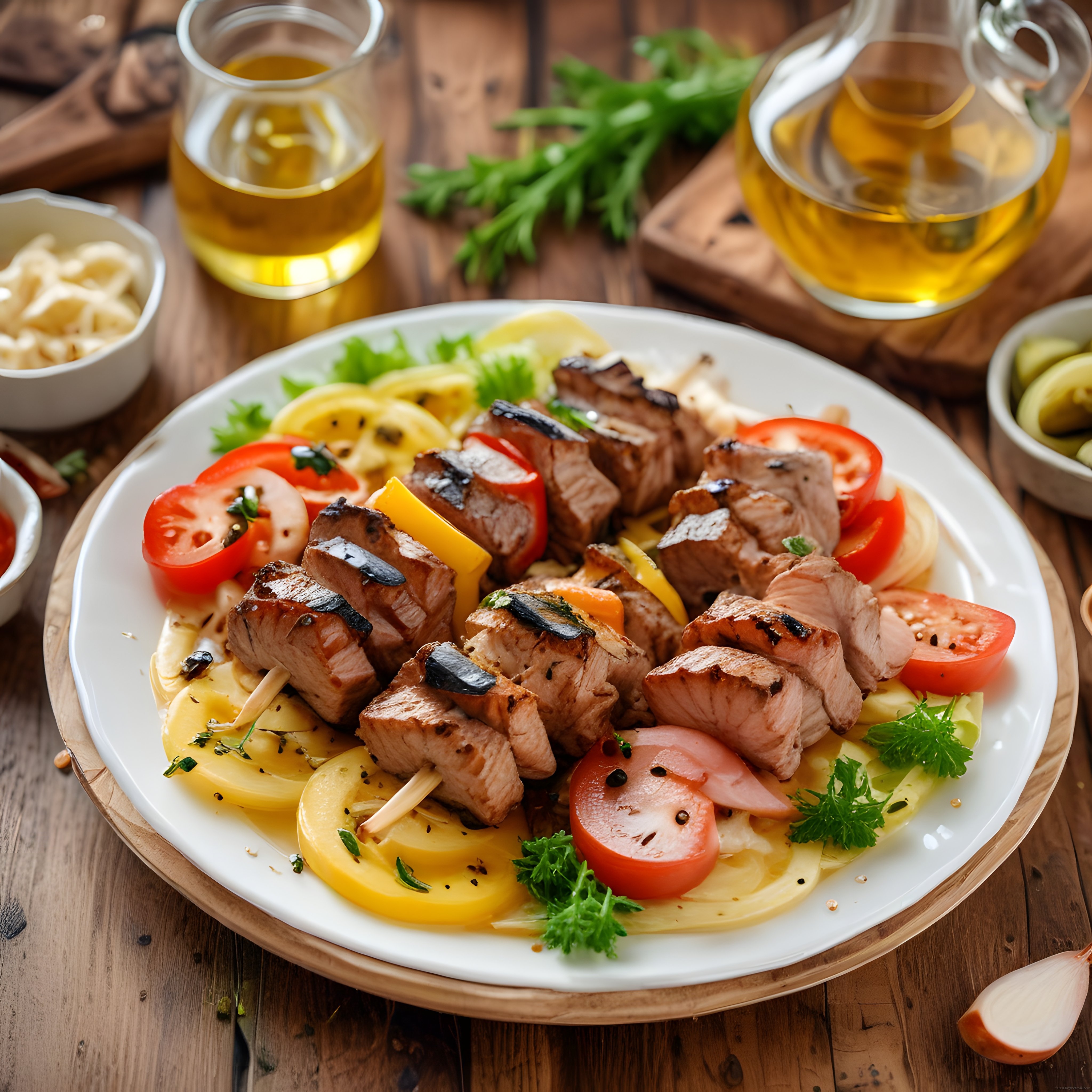 Ahşap Masada Şiş Kebap ve Izgara Sebzelerle Geleneksel Lezzet Sunumu