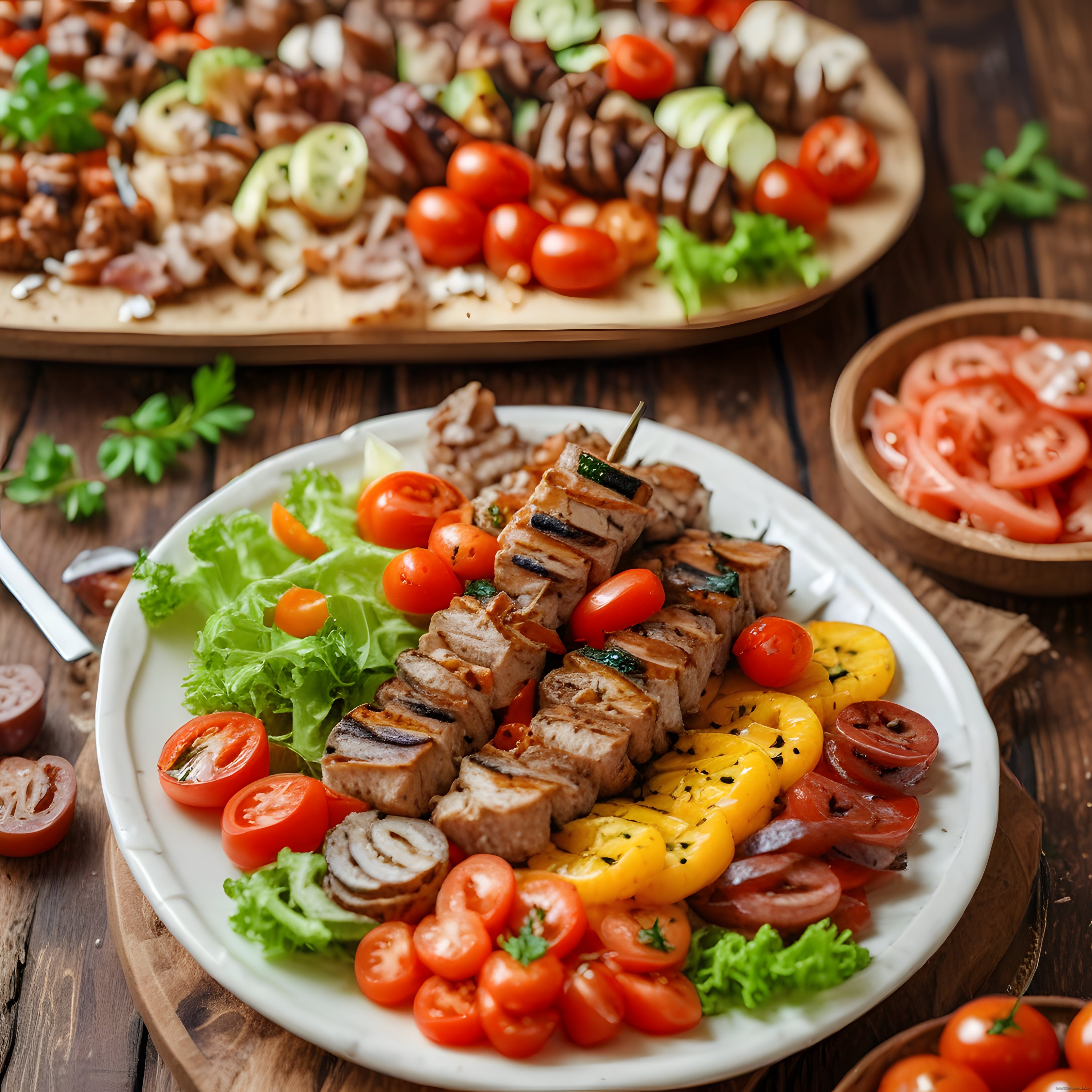 Ahşap masada şiş kebap ve ızgara sebzelerle hazırlanan enfes yaz sofrası