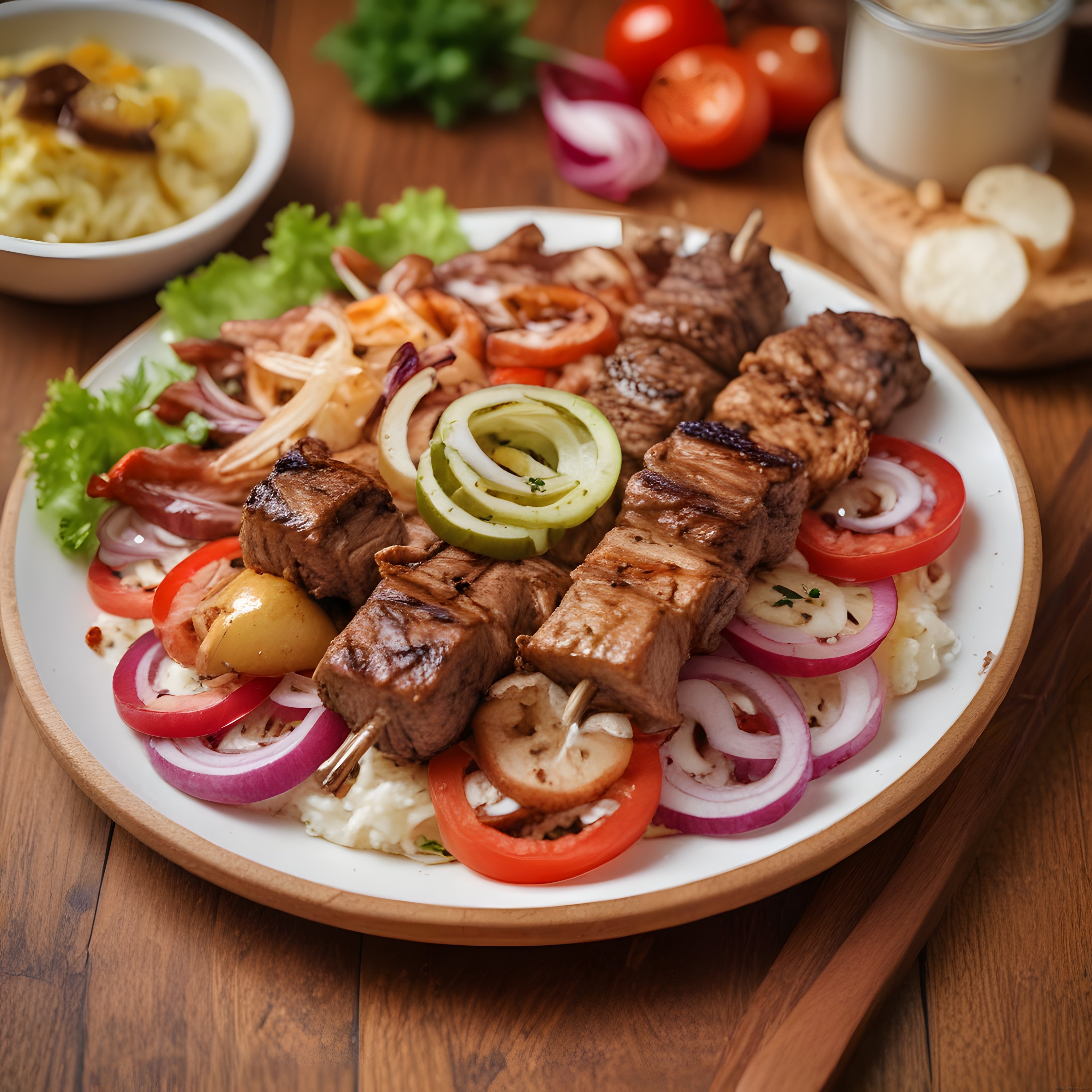 Ahşap Masada Şiş Kebap ve Izgara Sebzelerle Nefis Geleneksel Sunum