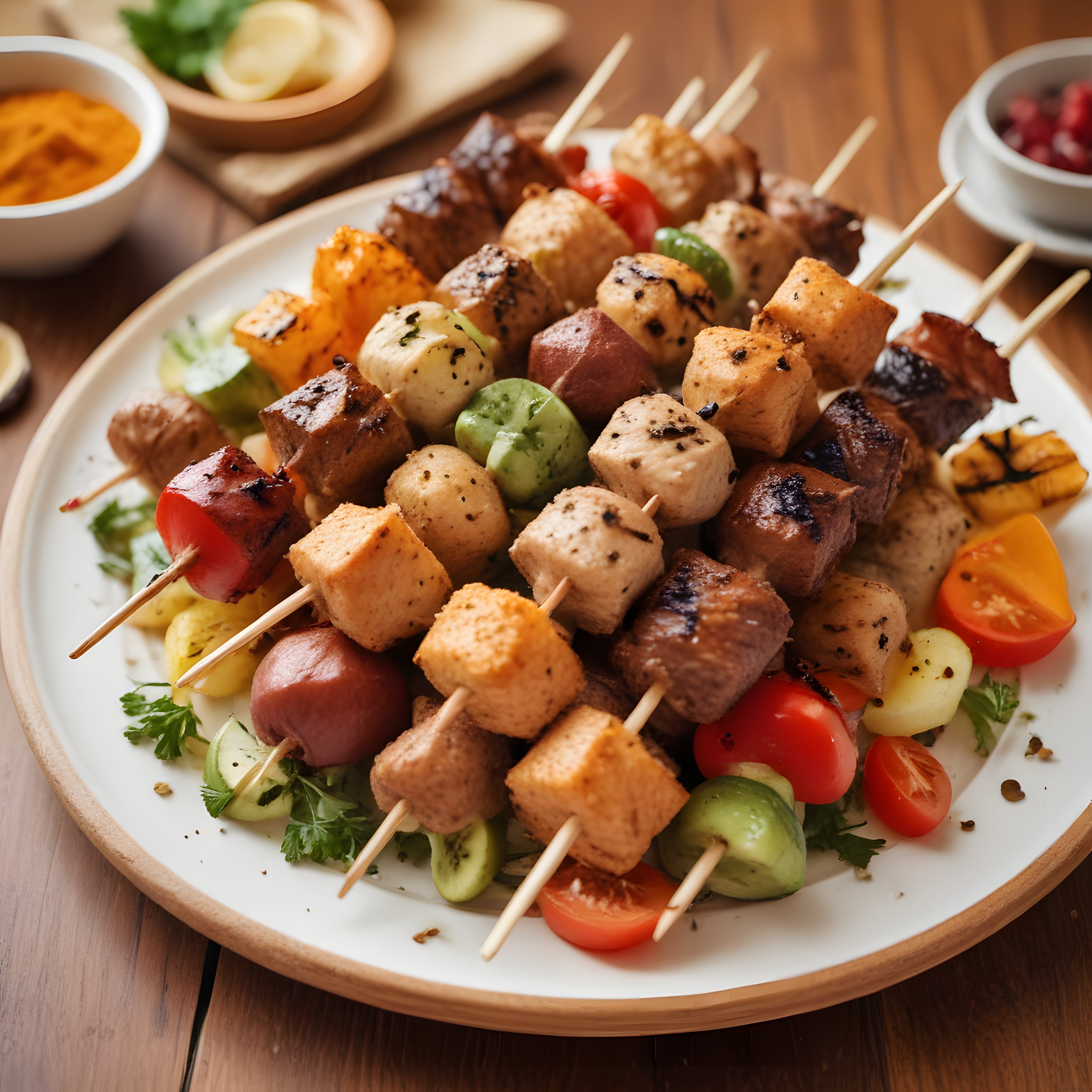 Ahşap Masada Şiş Kebap ve Izgara Sebzelerle Süslenmiş Zengin Tabak