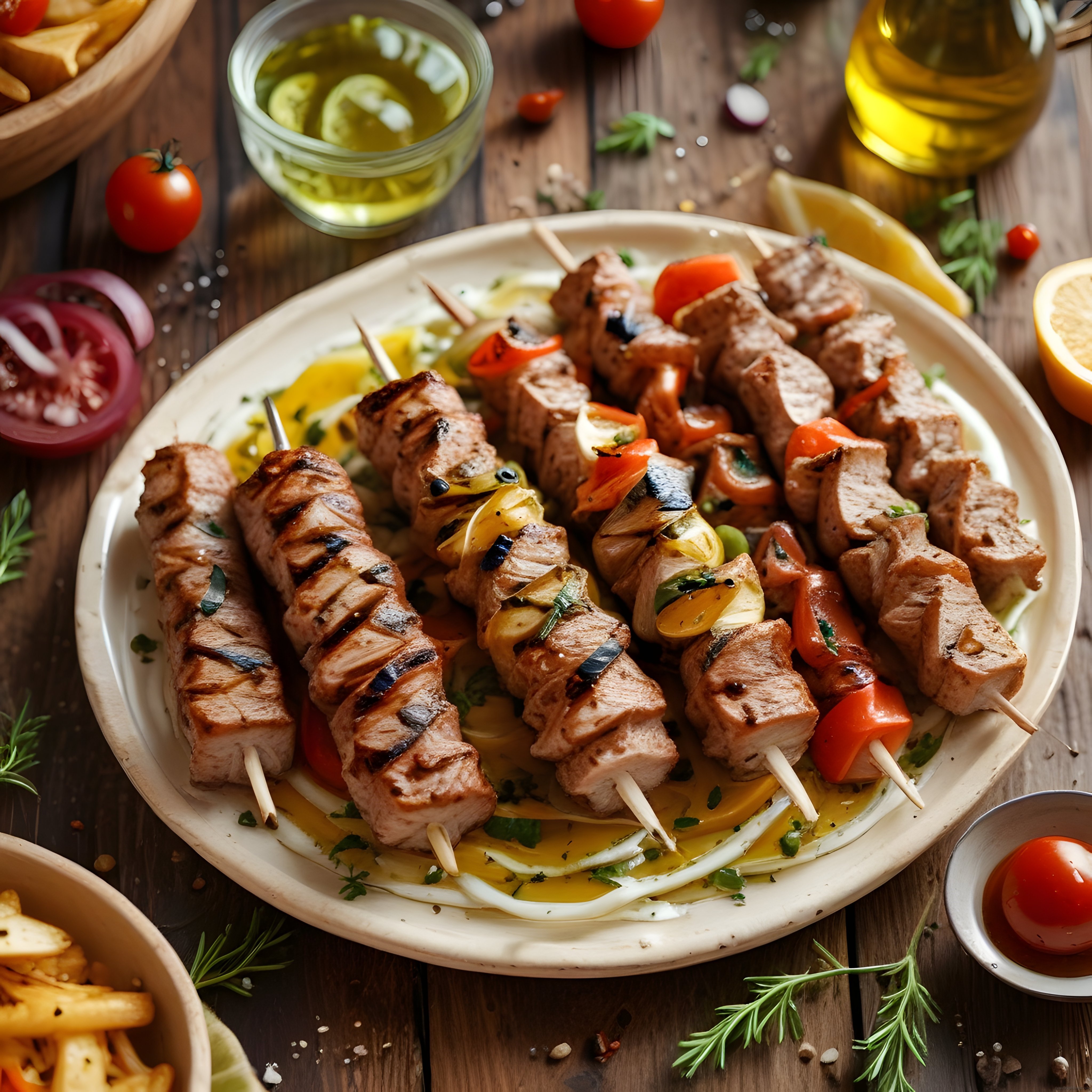 Ahşap Masada Şiş Kebap ve Patates Kızartması Eşliğinde Lezzetli Akşam Yemeği