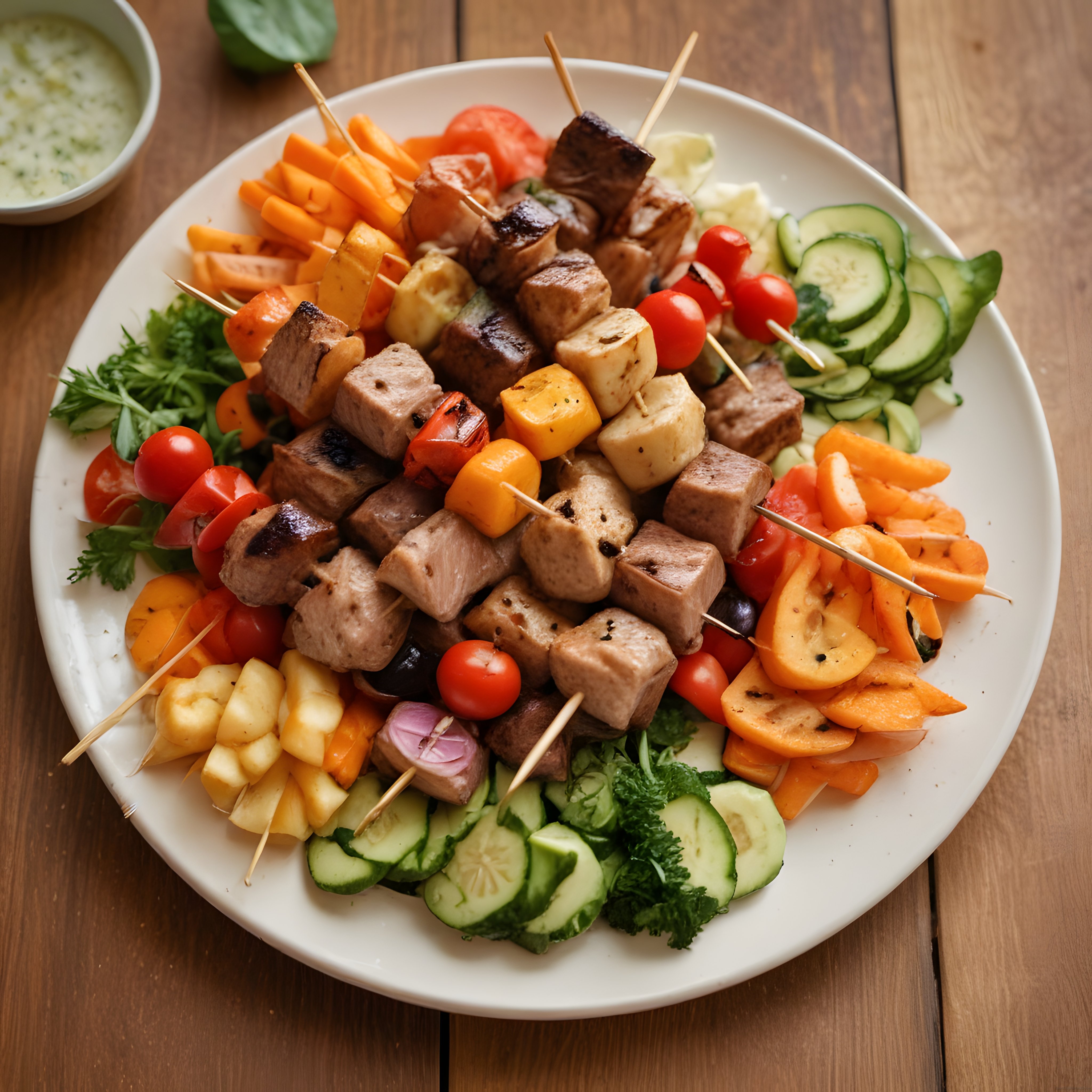 Ahşap Masada Şiş Kebap ve Renkli Sebzelerle Hazırlanmış Görsel Şölen Tabağı