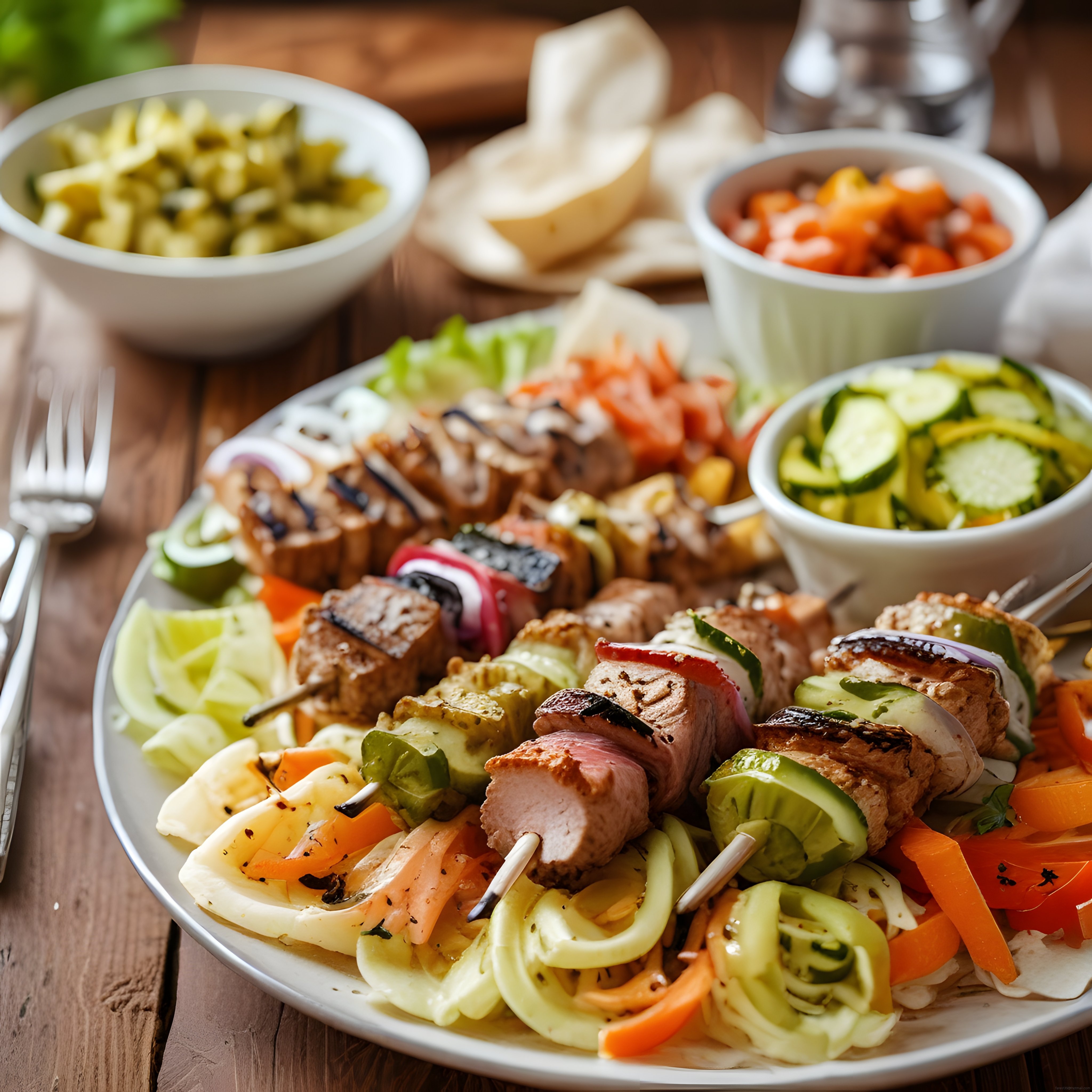 Ahşap Masada Şiş Kebap ve Sebzelerle Hazırlanmış Sıcacık Yemek Tabağı Sunumu