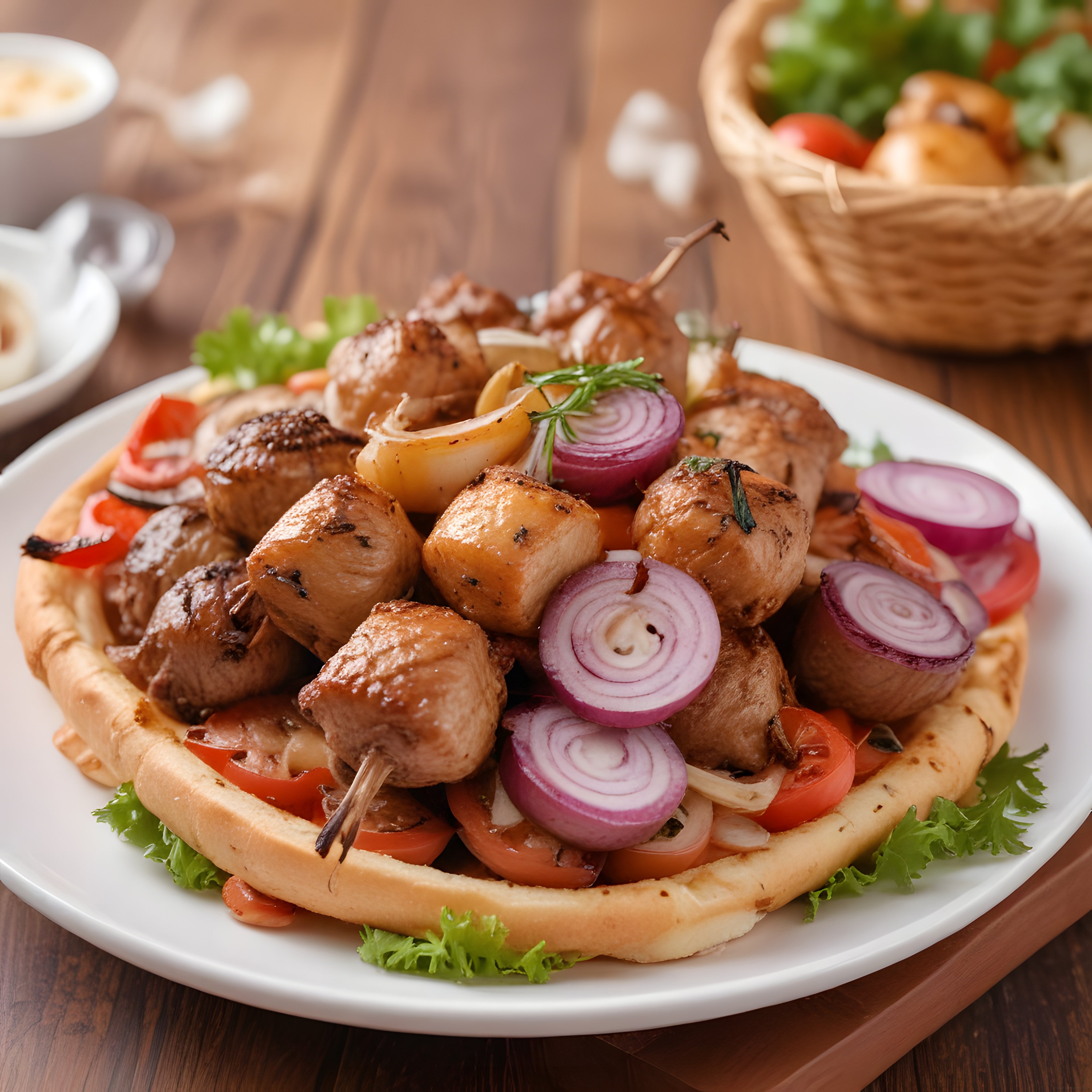 Ahşap Masada Şiş Kebap ve Taze Garnitür ile Rustik Lezzet Sunumu