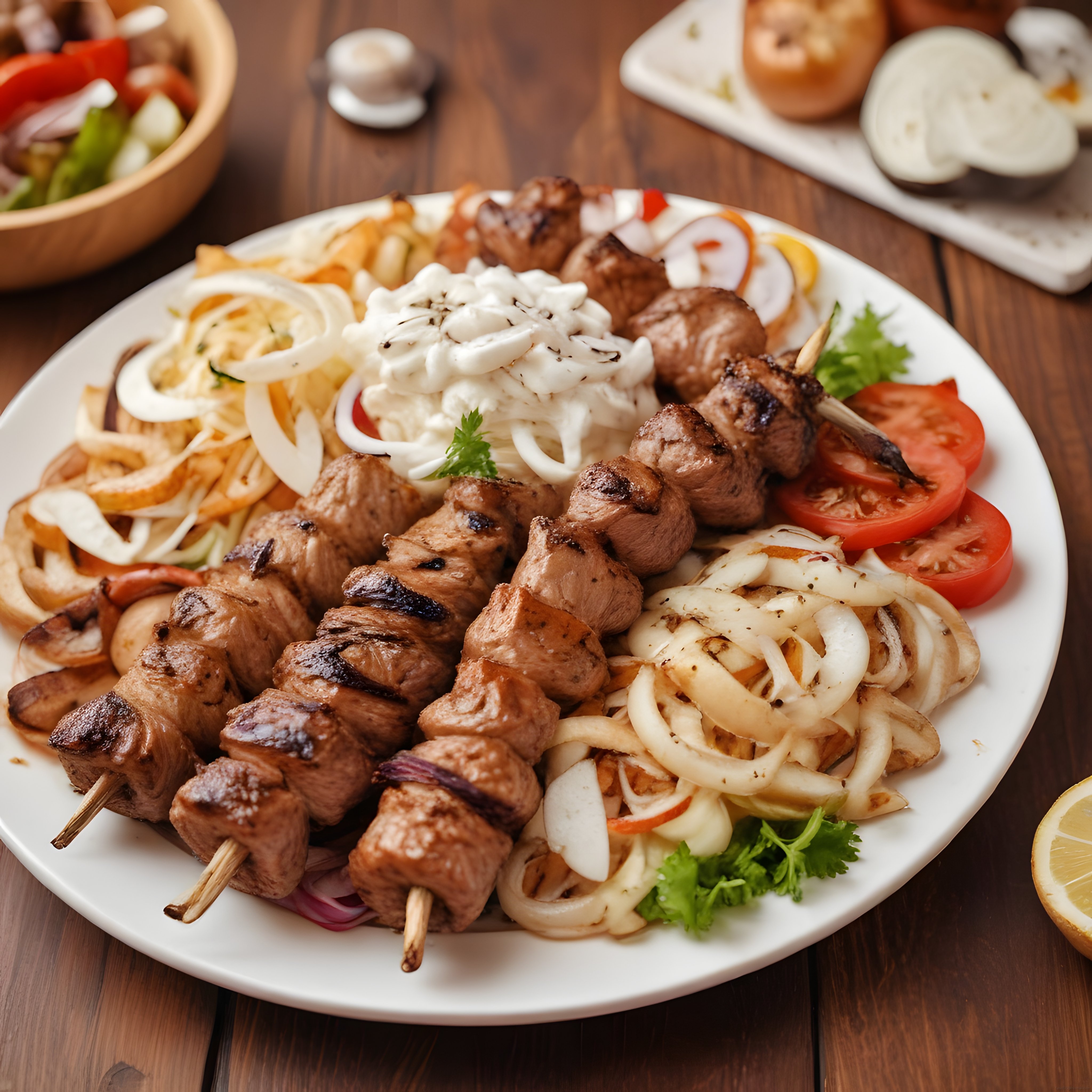 Ahşap Masada Şiş Kebap, Yoğurtlu Ezme ve Soğan ile Geleneksel Izgara Tabağı