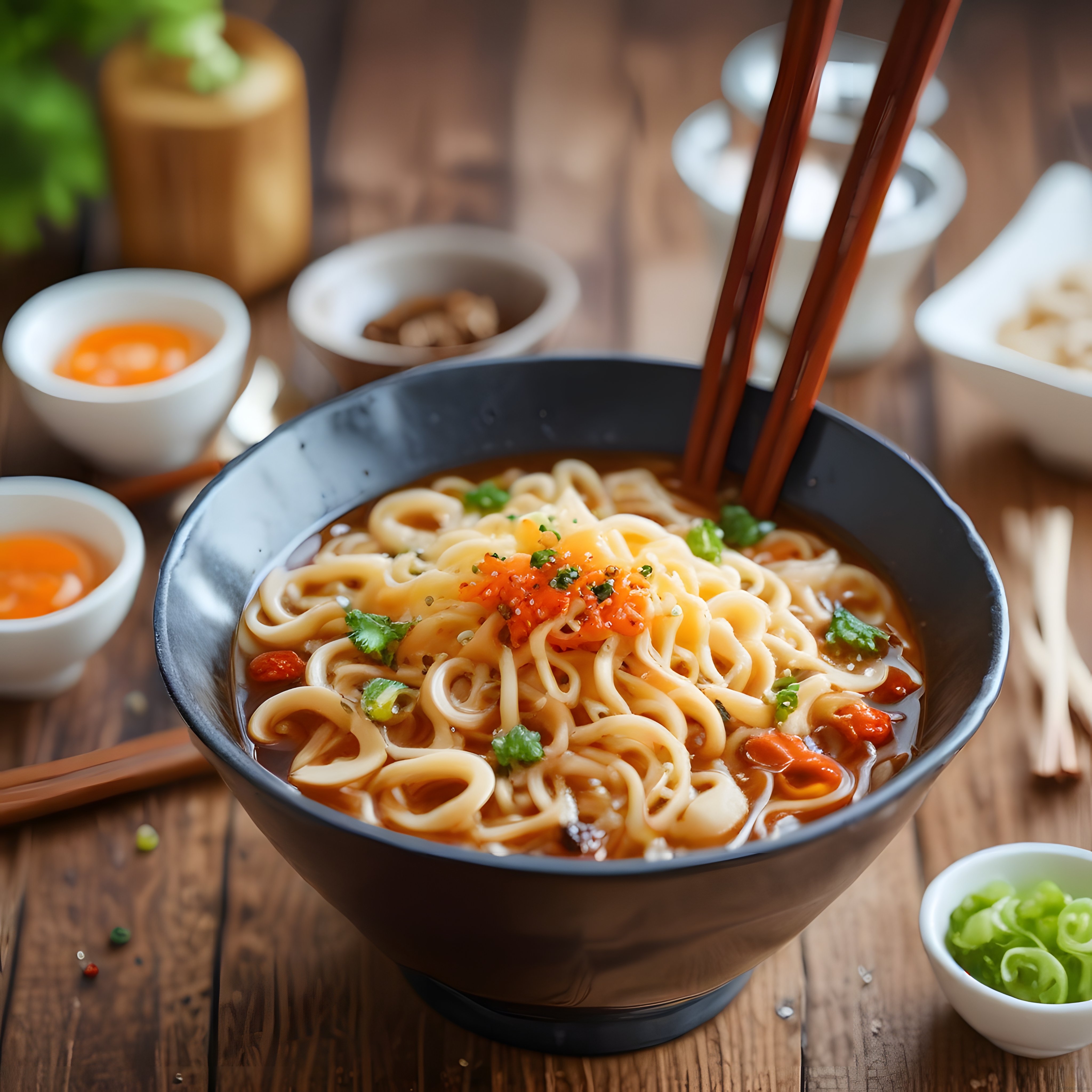 Ahşap masada siyah kasede sunulan baharatlı Asya noodle çorbası ve özel soslar