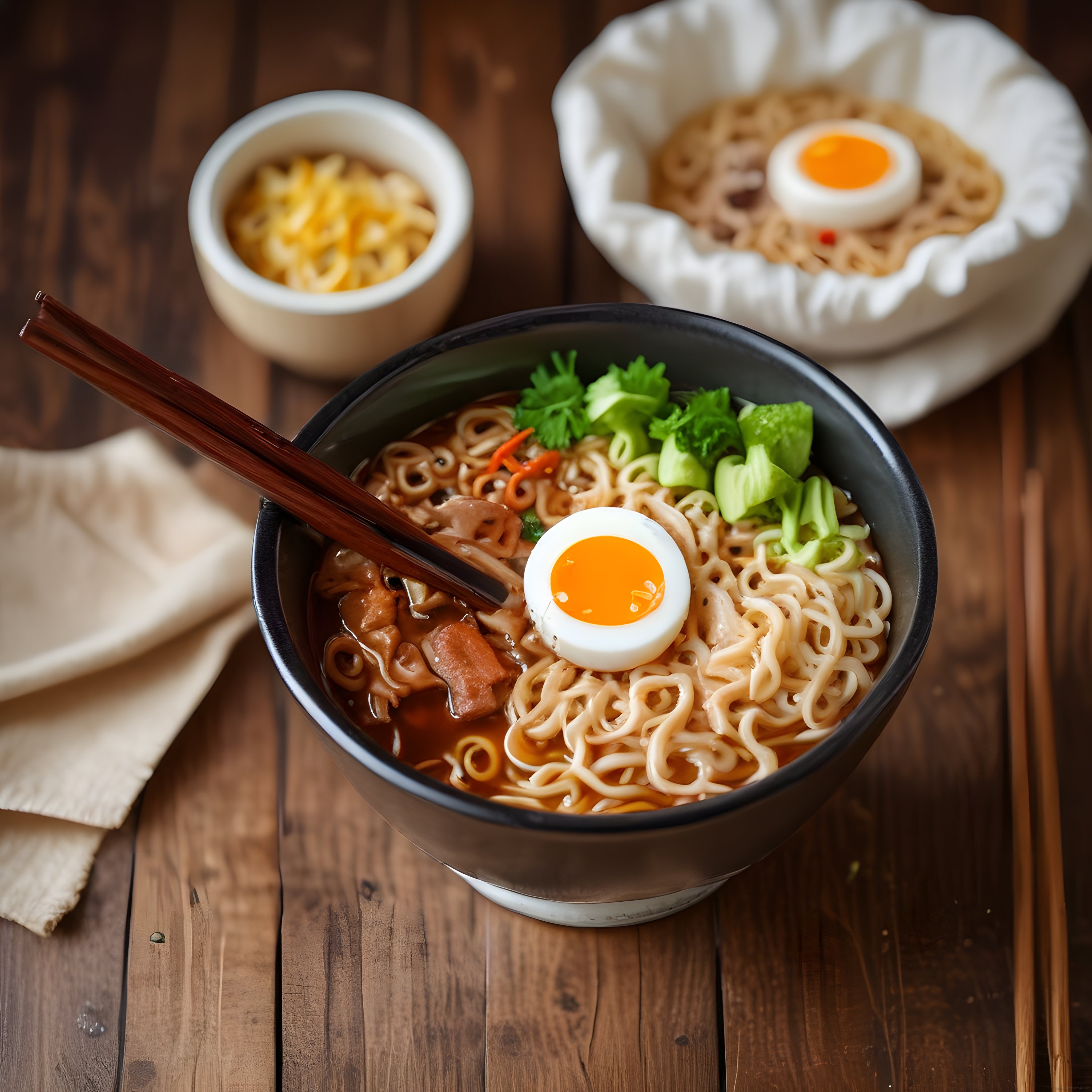 Ahşap Masada Siyah Kasede Sunulan Lezzetli Ramen Çorbası ve Yumurta