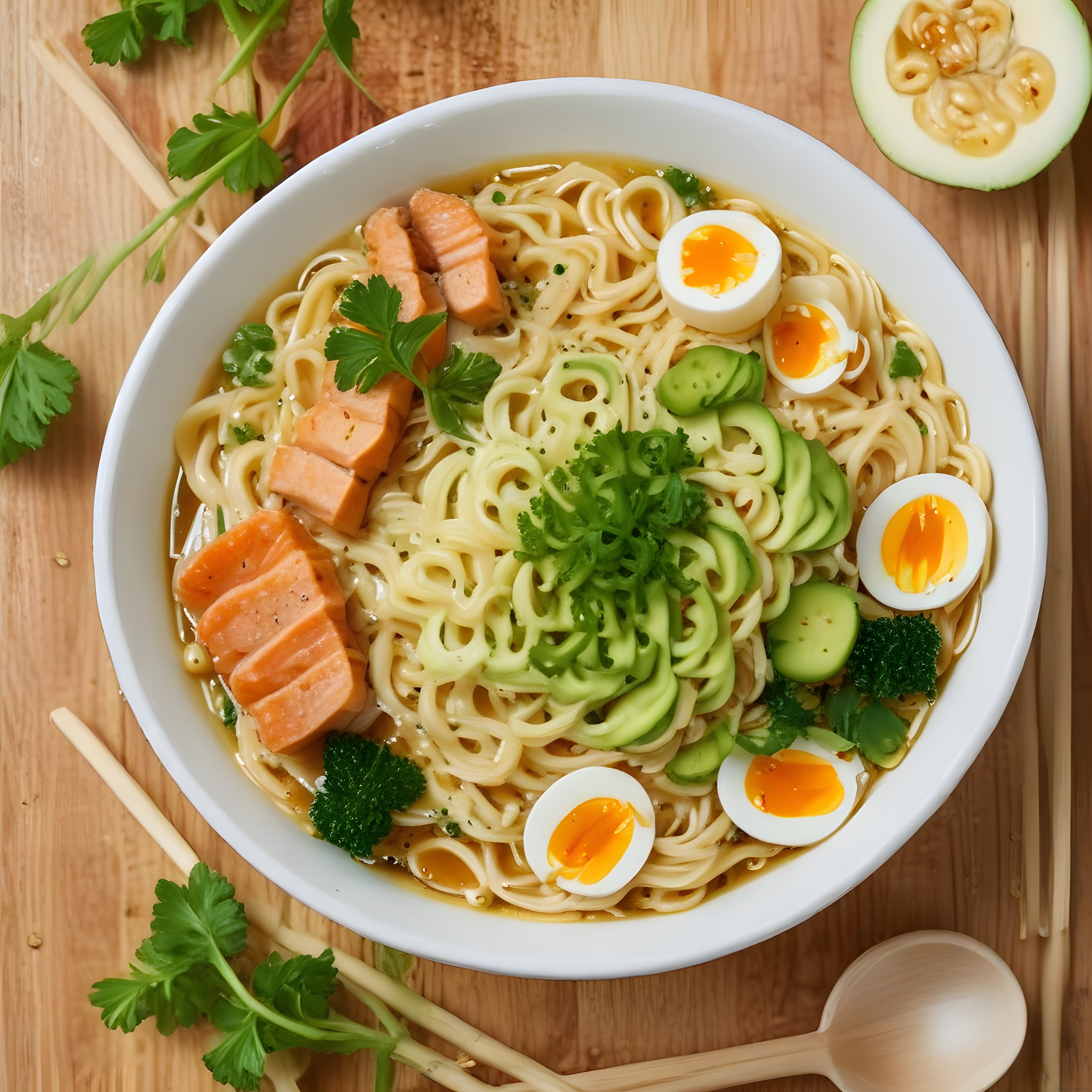 Ahşap Masada Somonlu Avokadolu Noodle: Sağlıklı Asya Yemeği Tarifi