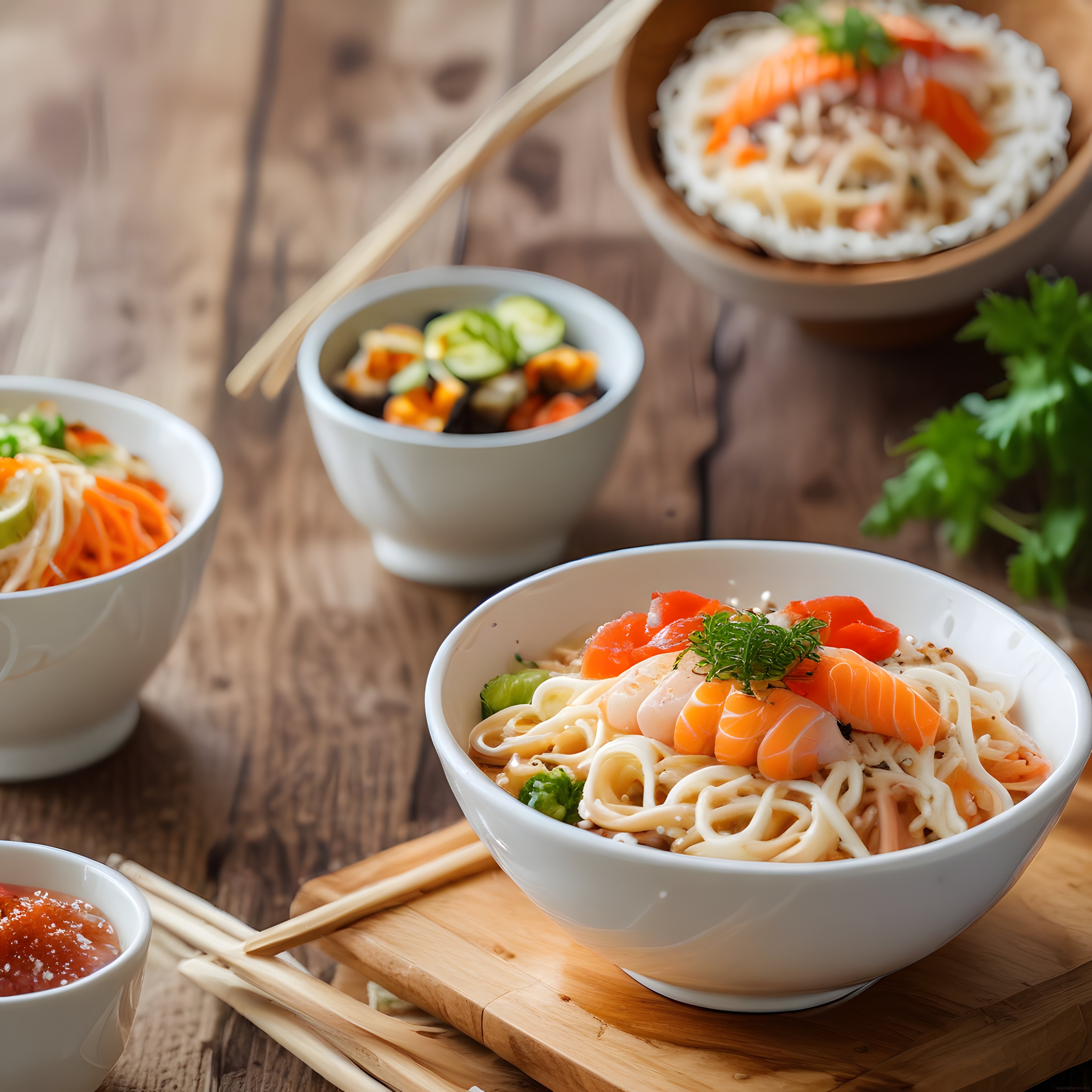 Ahşap Masada Somonlu Noodle Bowl: Asya Mutfağından Ev Yapımı Lezzet