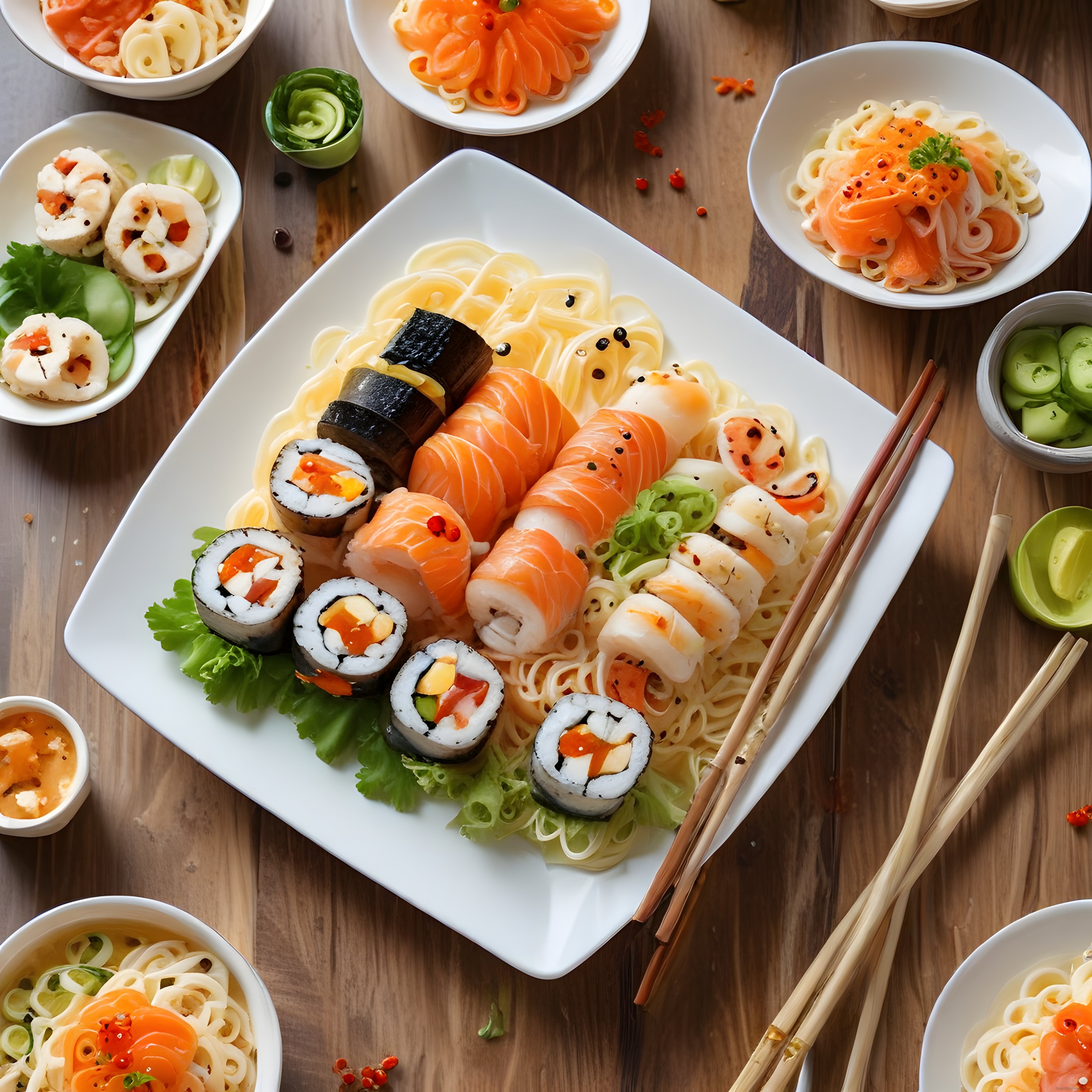 Ahşap masada somonlu sushi çeşitleri ve makarnalı Japon mutfağı sunumu