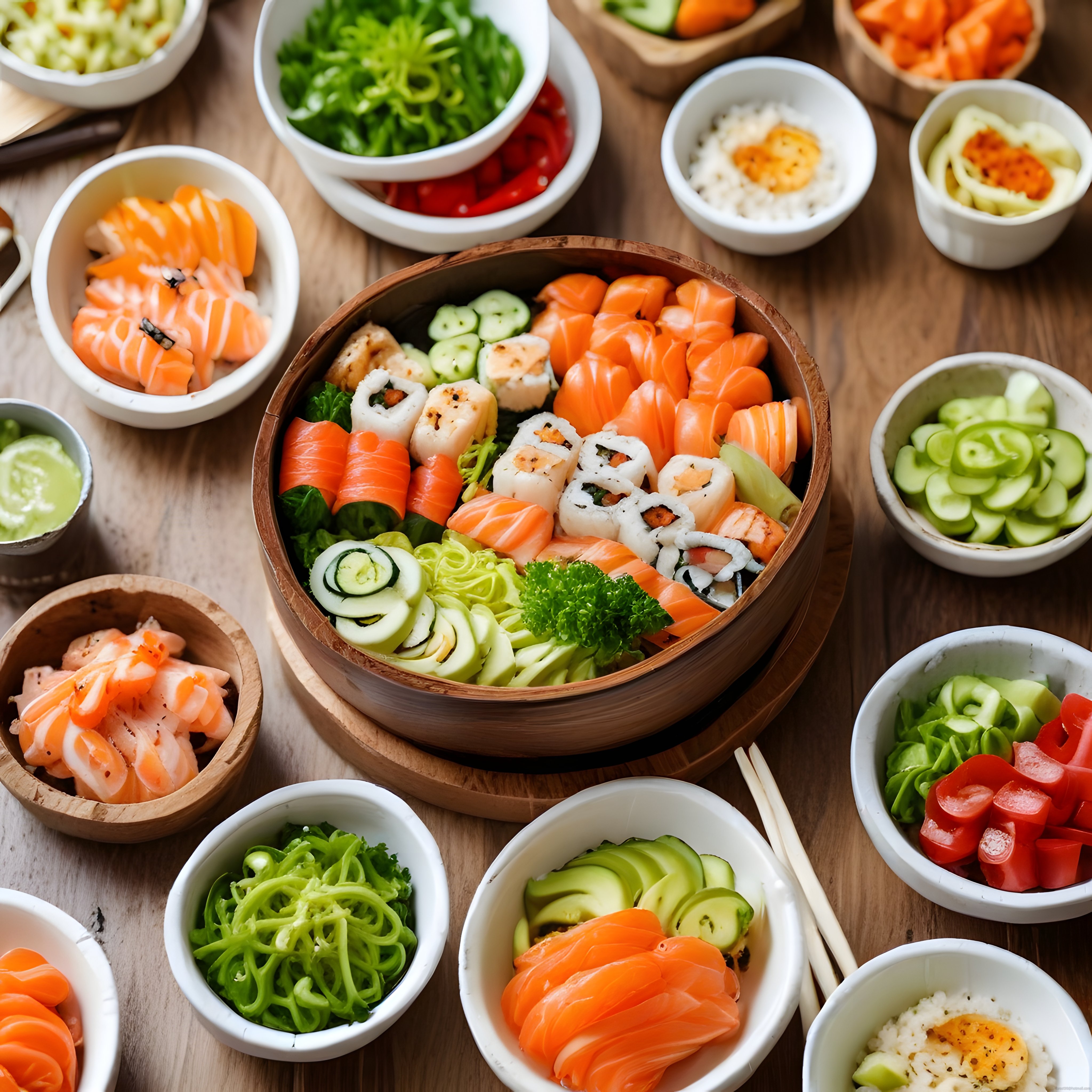ahşap masada somonlu sushi kasesi ve renkli japon mutfağı malzemeleri
