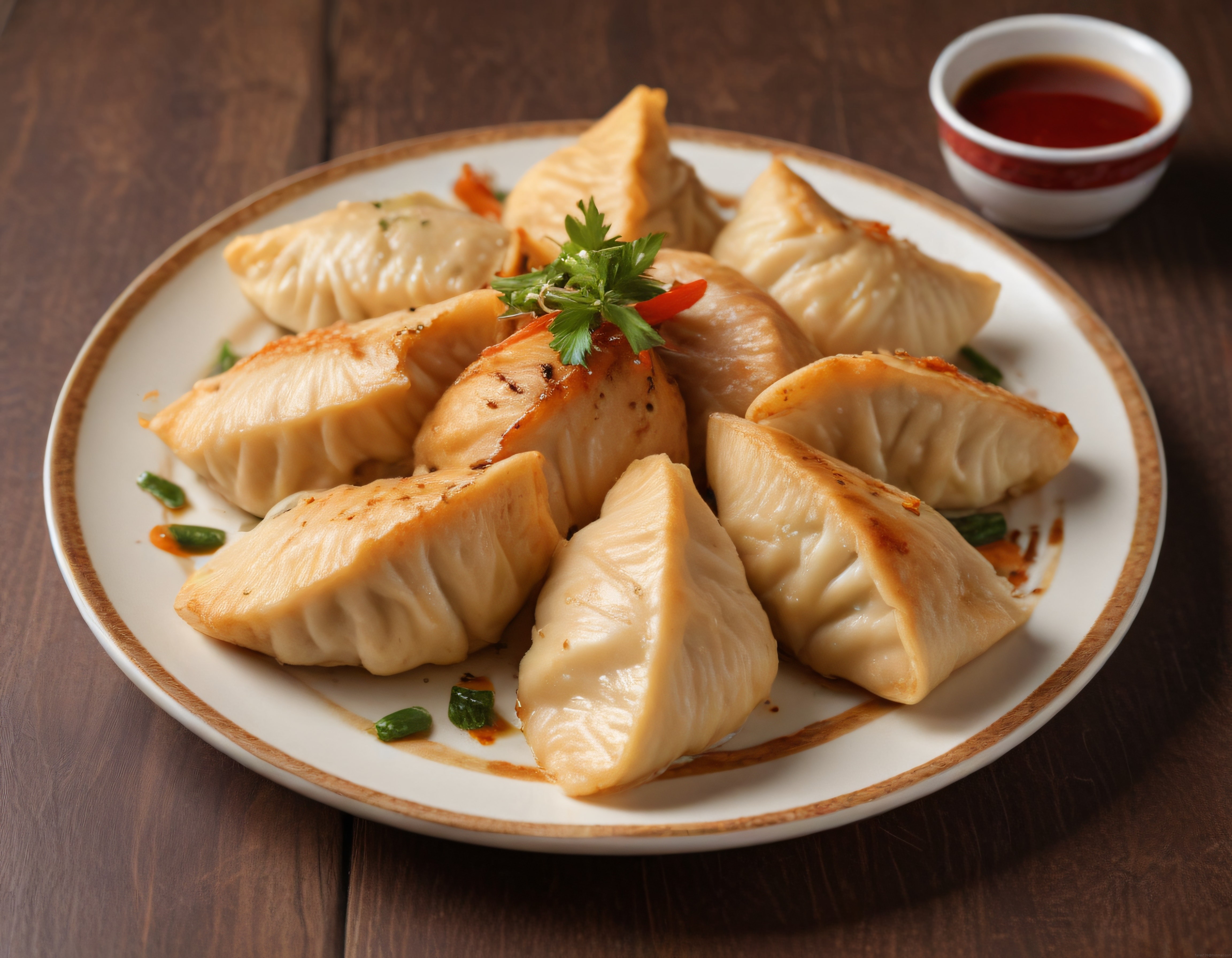 Ahşap Masada Sos Eşliğinde Altın Rengi Kızarmış Dumpling Tabagı