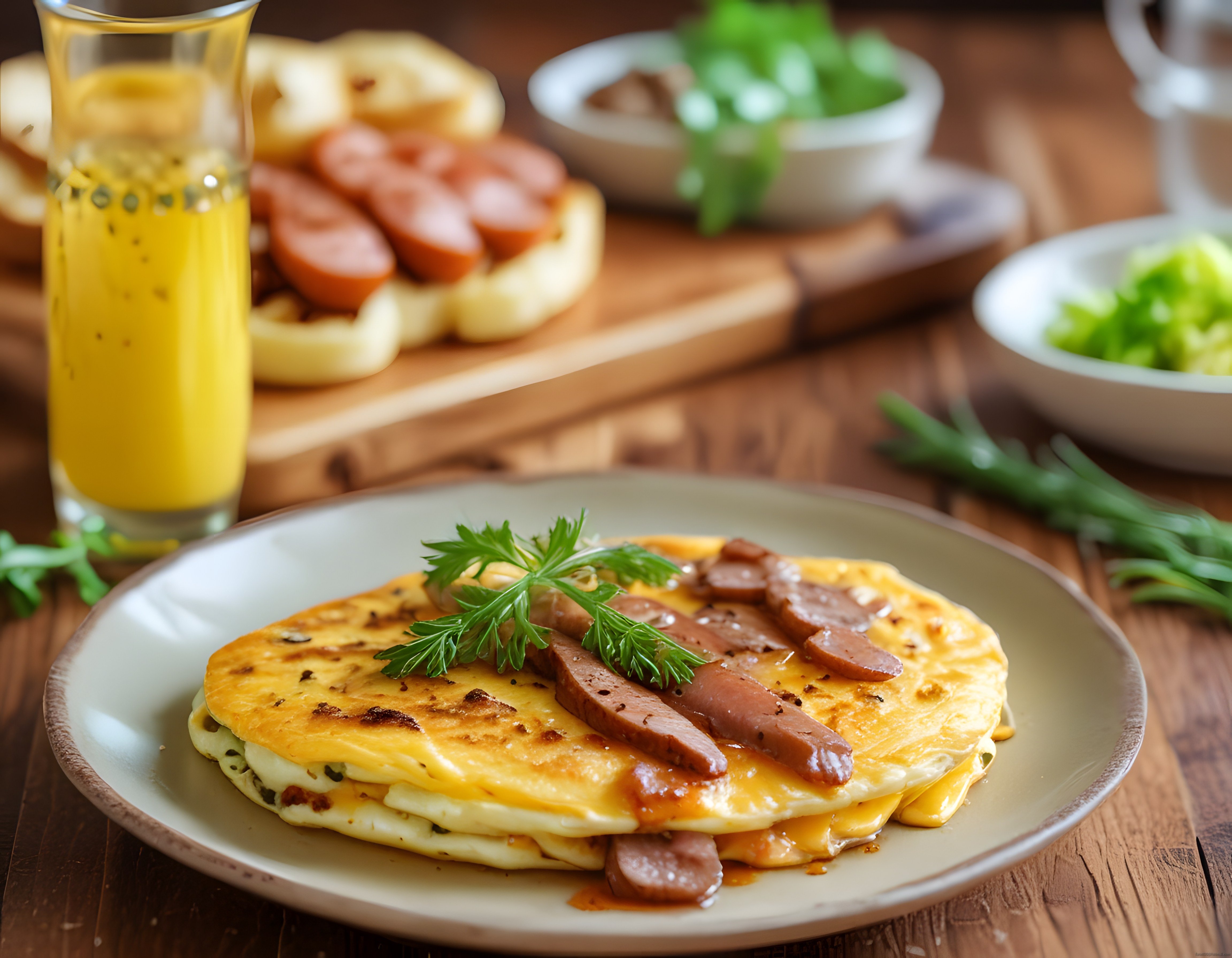 Ahşap Masada Sosisli Omlet ve Portakal Suyu ile Sıcacık Kahvaltı