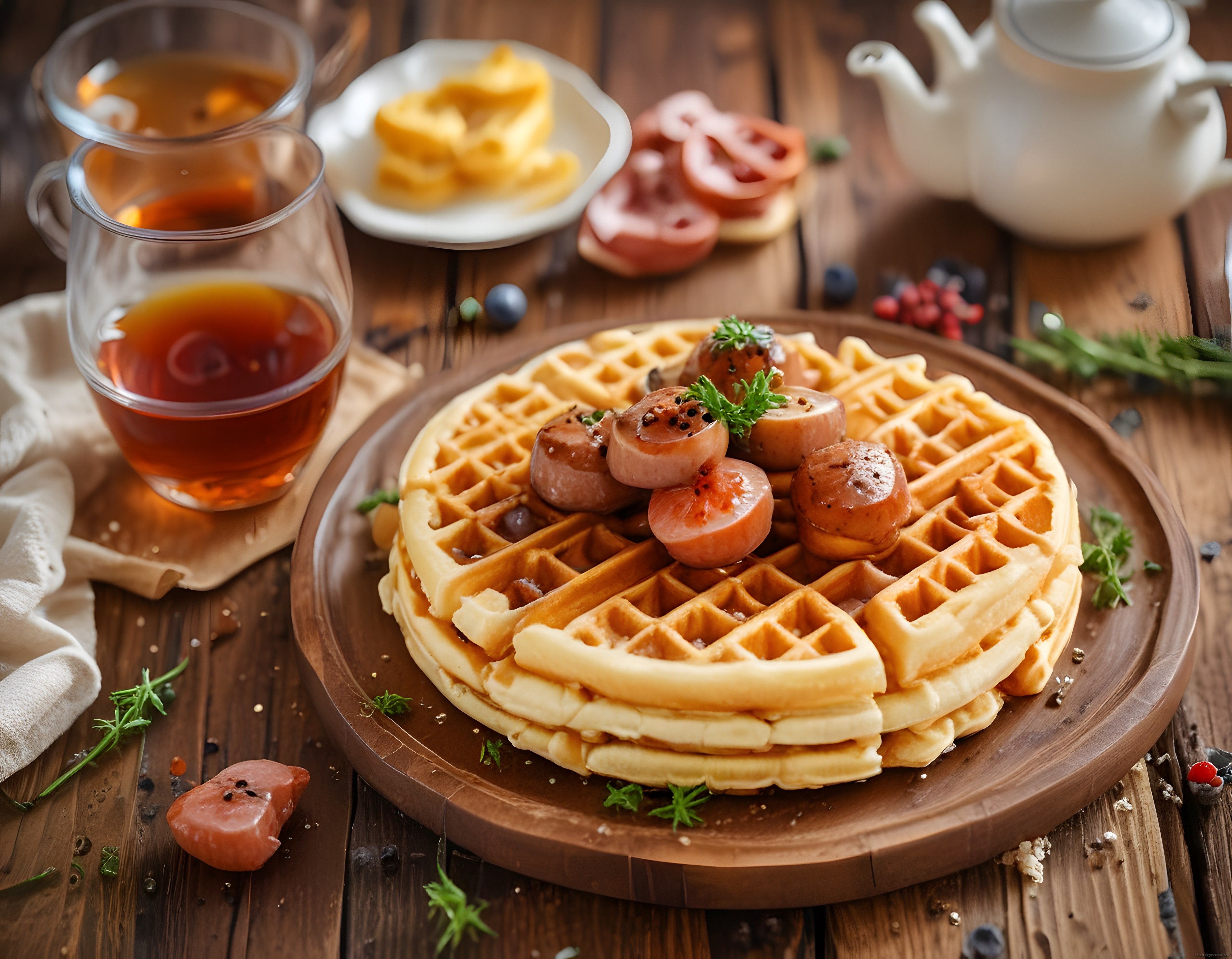 Ahşap Masada Sosisli Waffle ve Demlik Çay ile Sıcacık Kahvaltı Keyfi