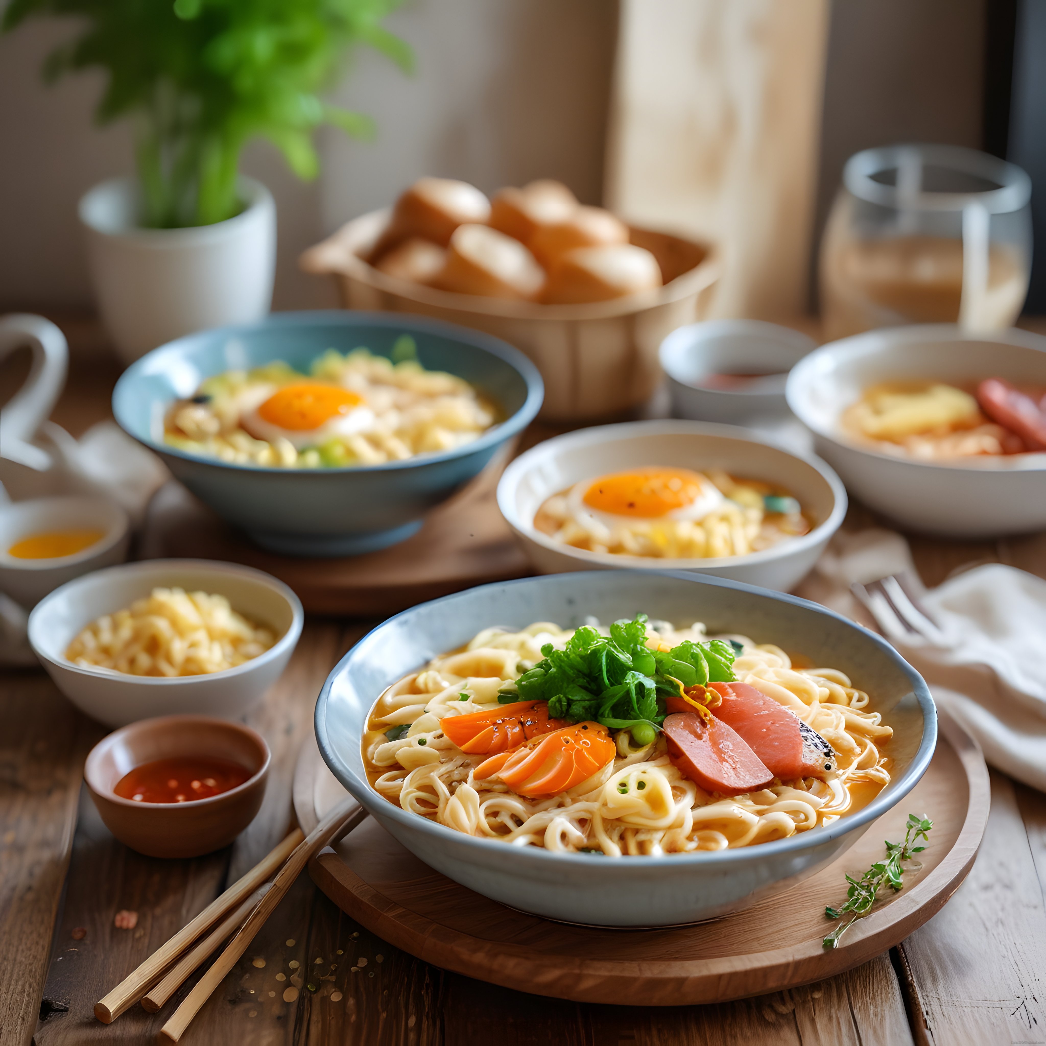 Ahşap Masada Sosisli Yumurtalı Noodle ve Ramen Çorbası Sunumu