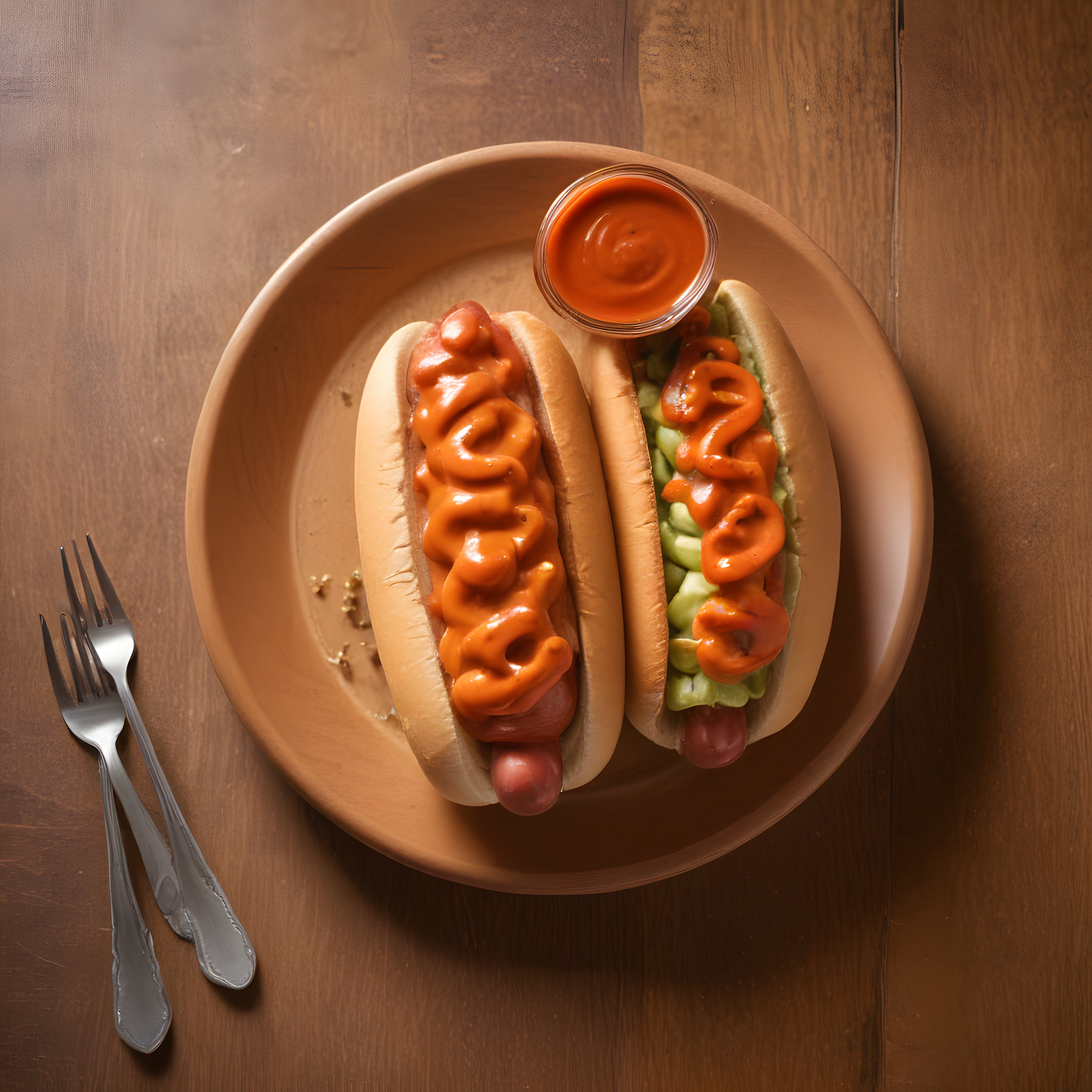 Ahşap Masada Soslu Hot Dog Sunumu: Sıcak ve Lezzetli Sokak Lezzeti