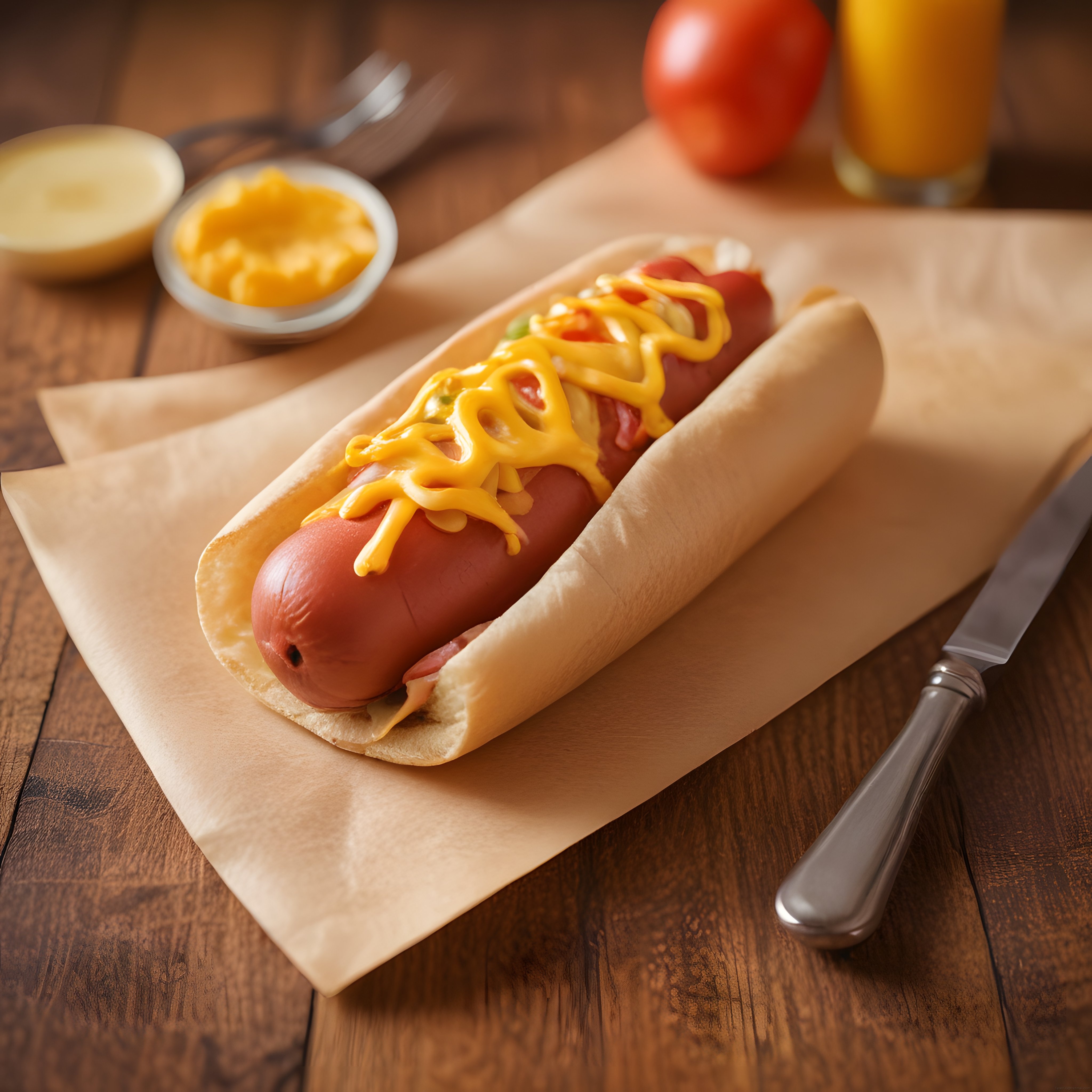 Ahşap Masada Soslu Hot Dog ve Cheddar Peyniri ile Lezzetli Sokak Yemeği