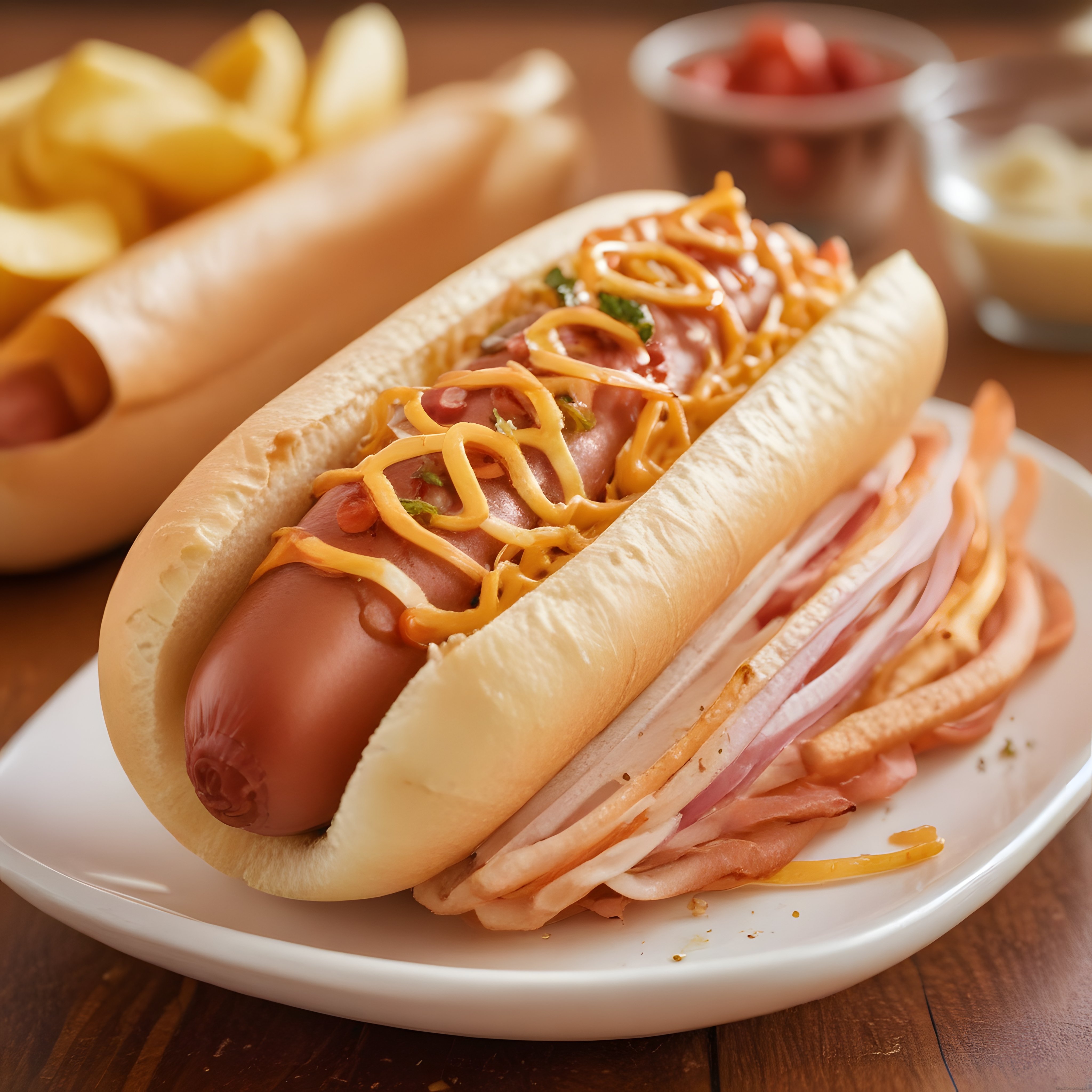 Ahşap Masada Soslu Hot Dog ve Çıtır Patates ile Amerikan Sokak Lezzeti