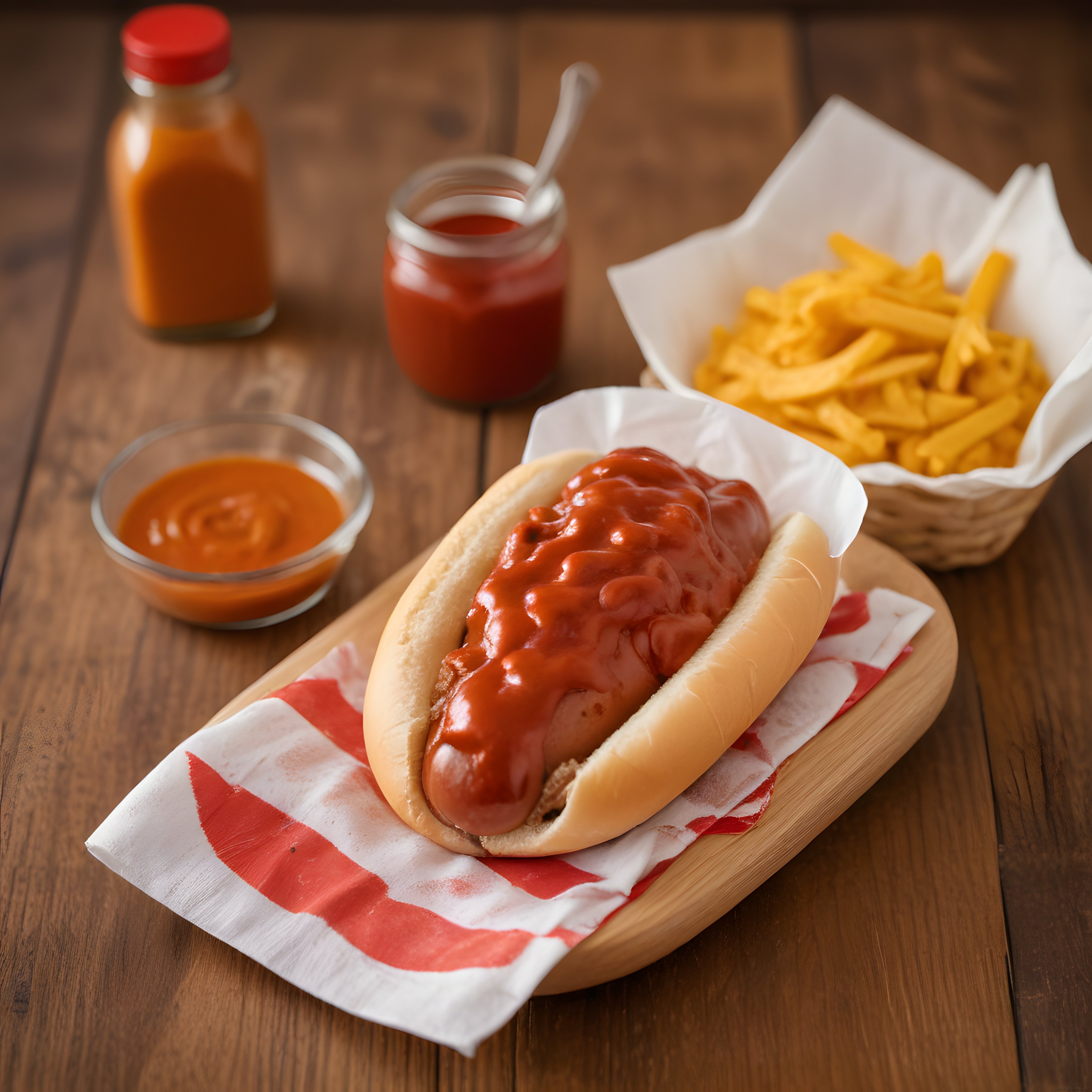 Ahşap Masada Soslu Hot Dog ve Patates Kızartması Eşliğinde Çeşni Sosları Sunumu