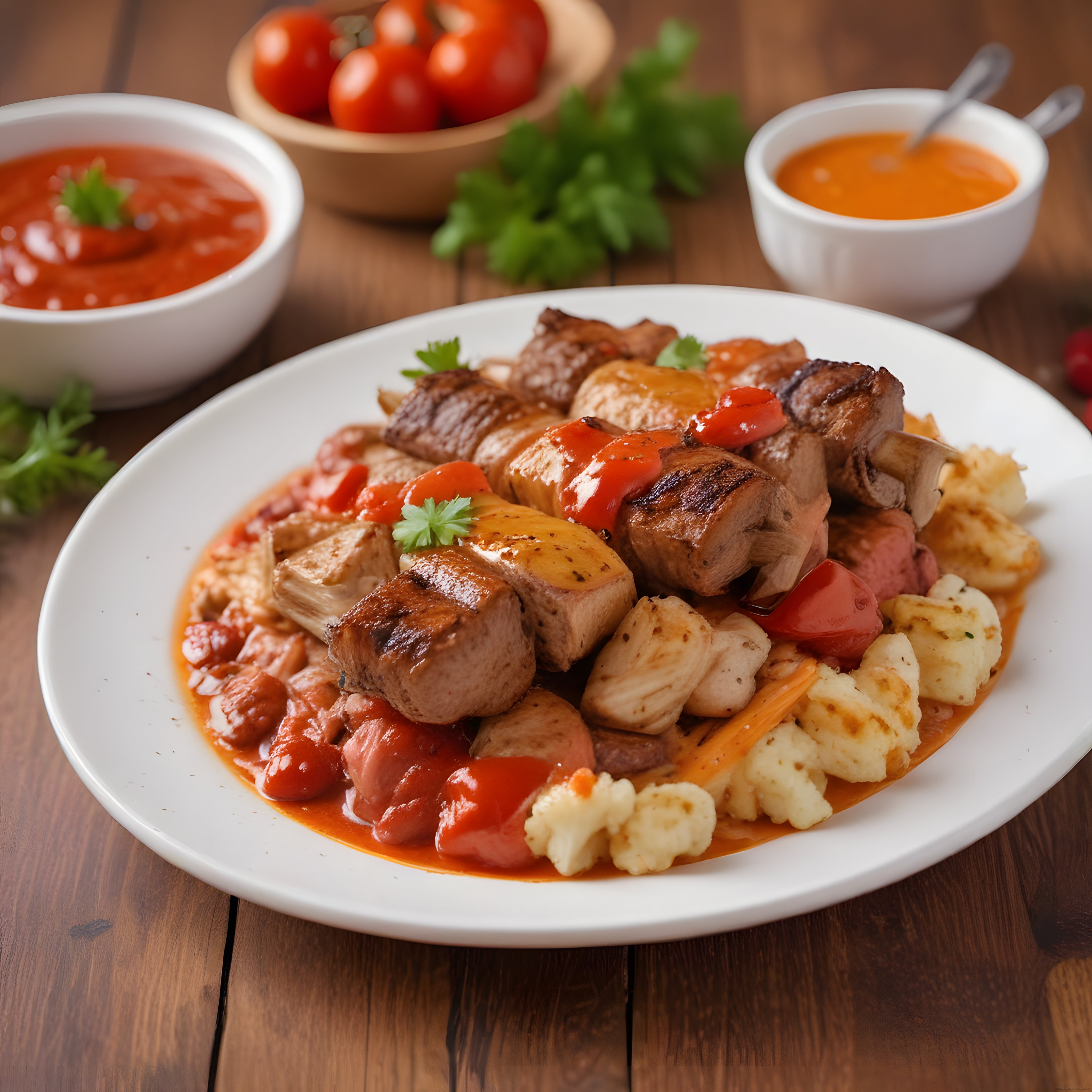 Ahşap Masada Soslu Izgara Et Şiş ve Mantarlı Karışık Yemek Tabağı