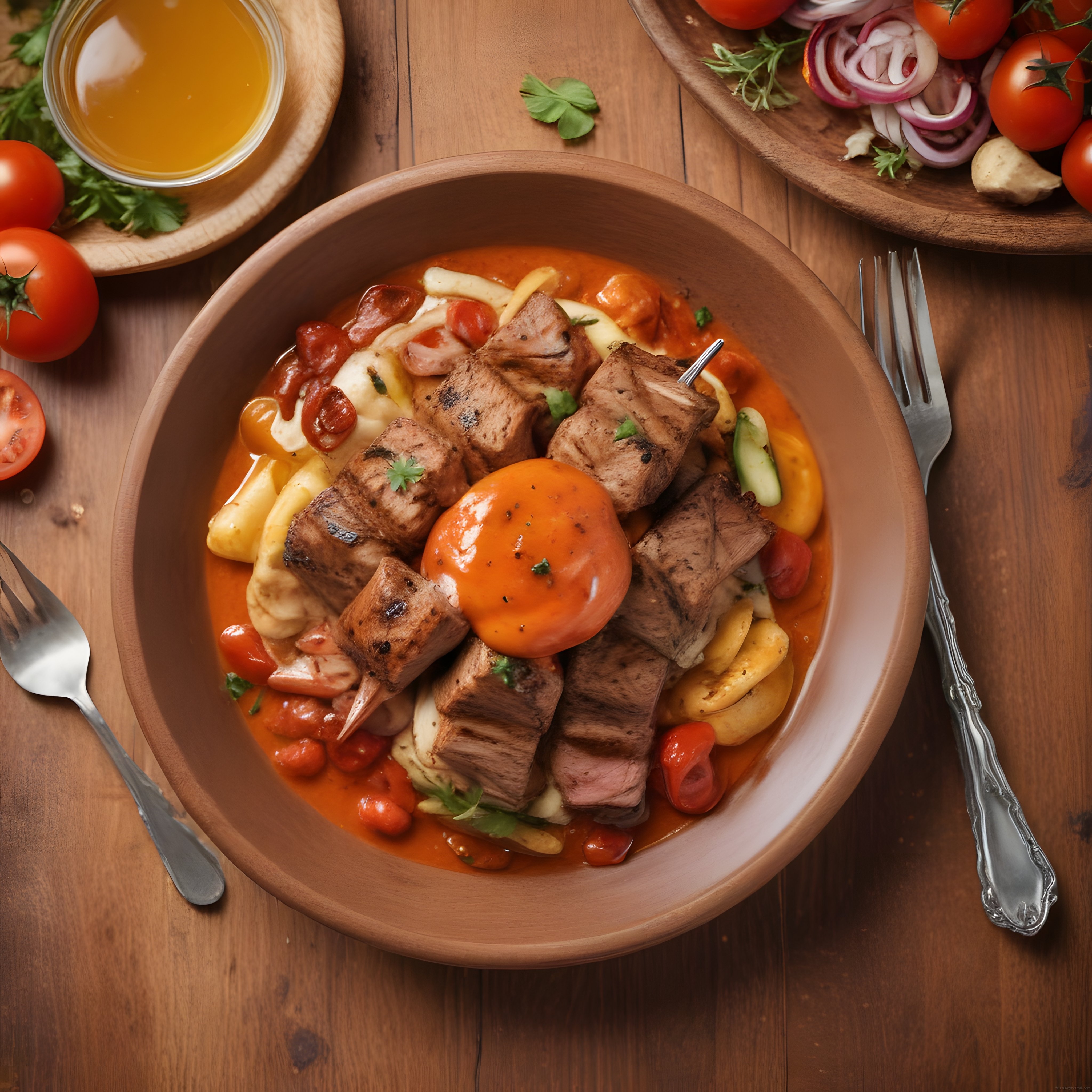 Ahşap Masada Soslu Izgara Et ve Erişte ile Davetkar Ana Yemek Sunumu
