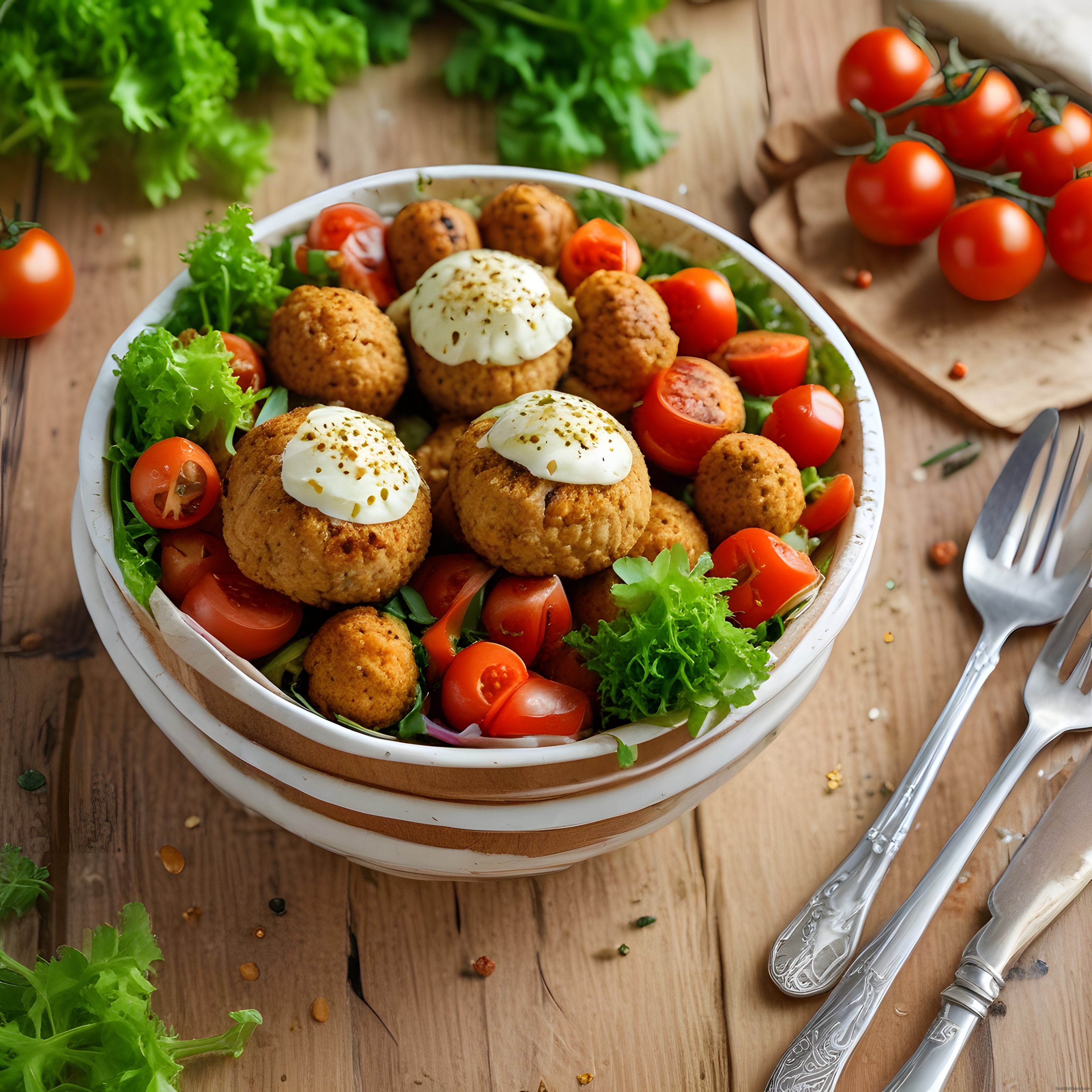 Ahşap Masada Soslu Köfte Kasesi, Taze Domates ve Salata Yaprakları