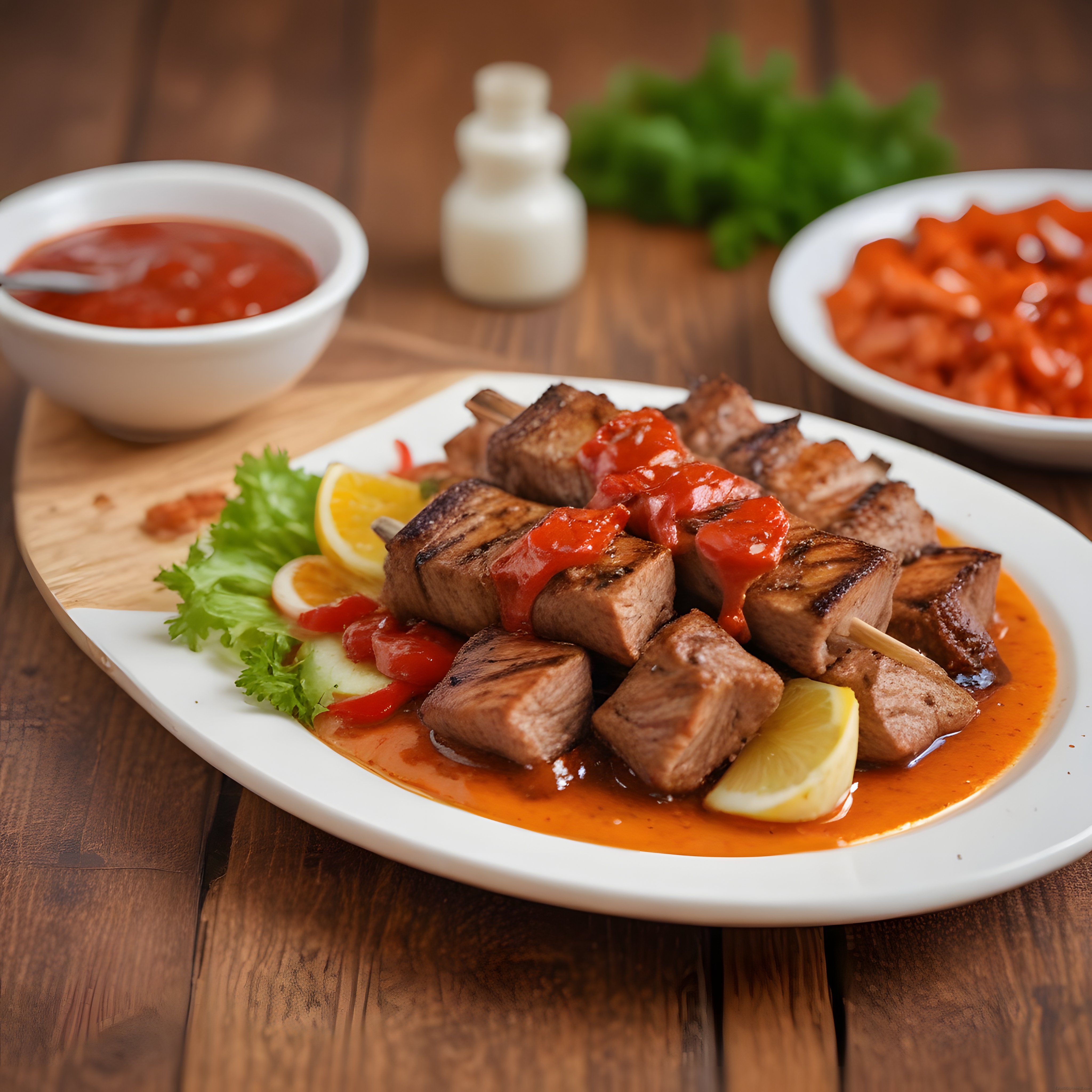 Ahşap Masada Soslu Şiş Kebap ve Yan Lezzetlerle İştah Açıcı Sunum