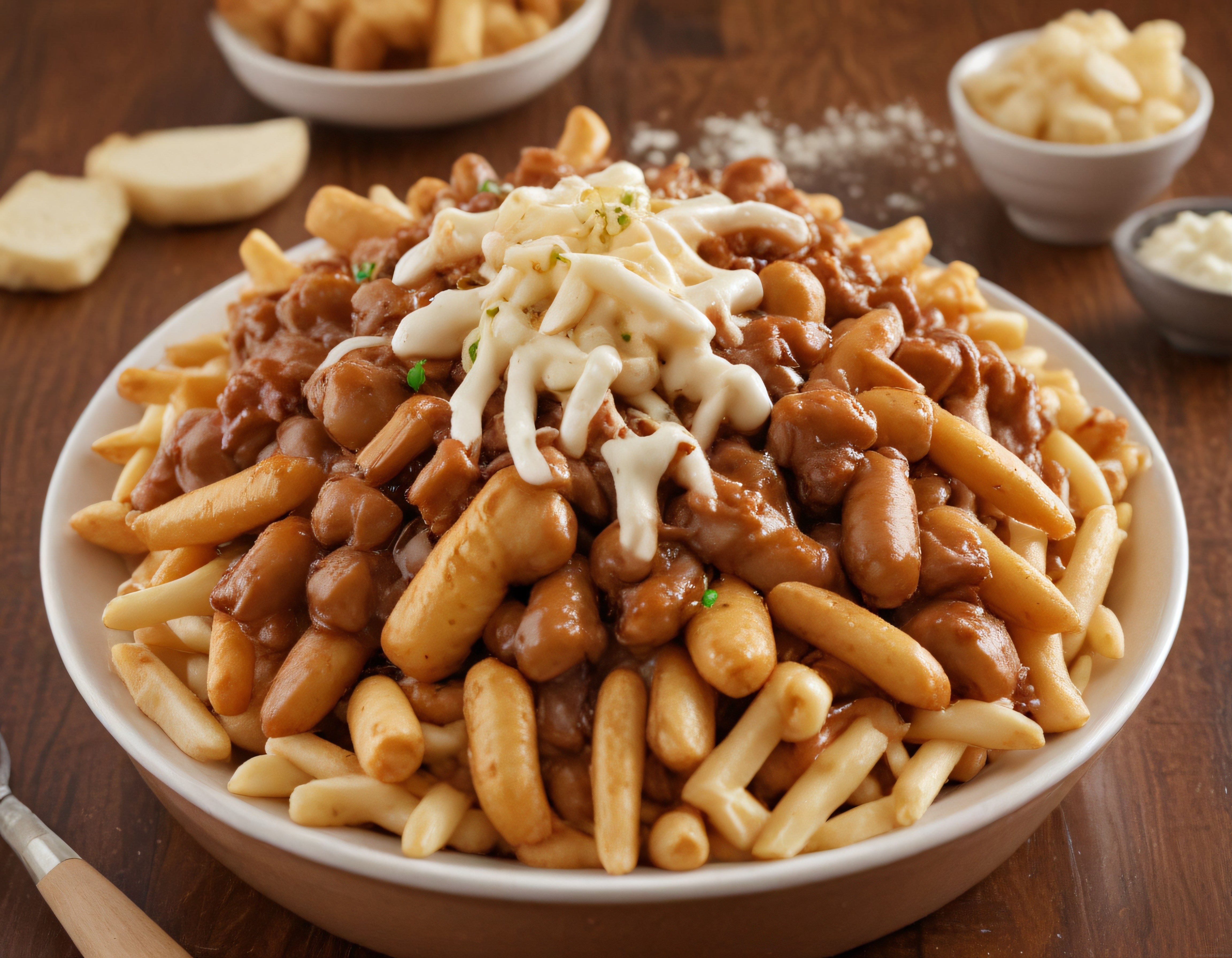 Ahşap Masada Soslu ve Peynirli Patates Kızartması: Poutine Lezzeti