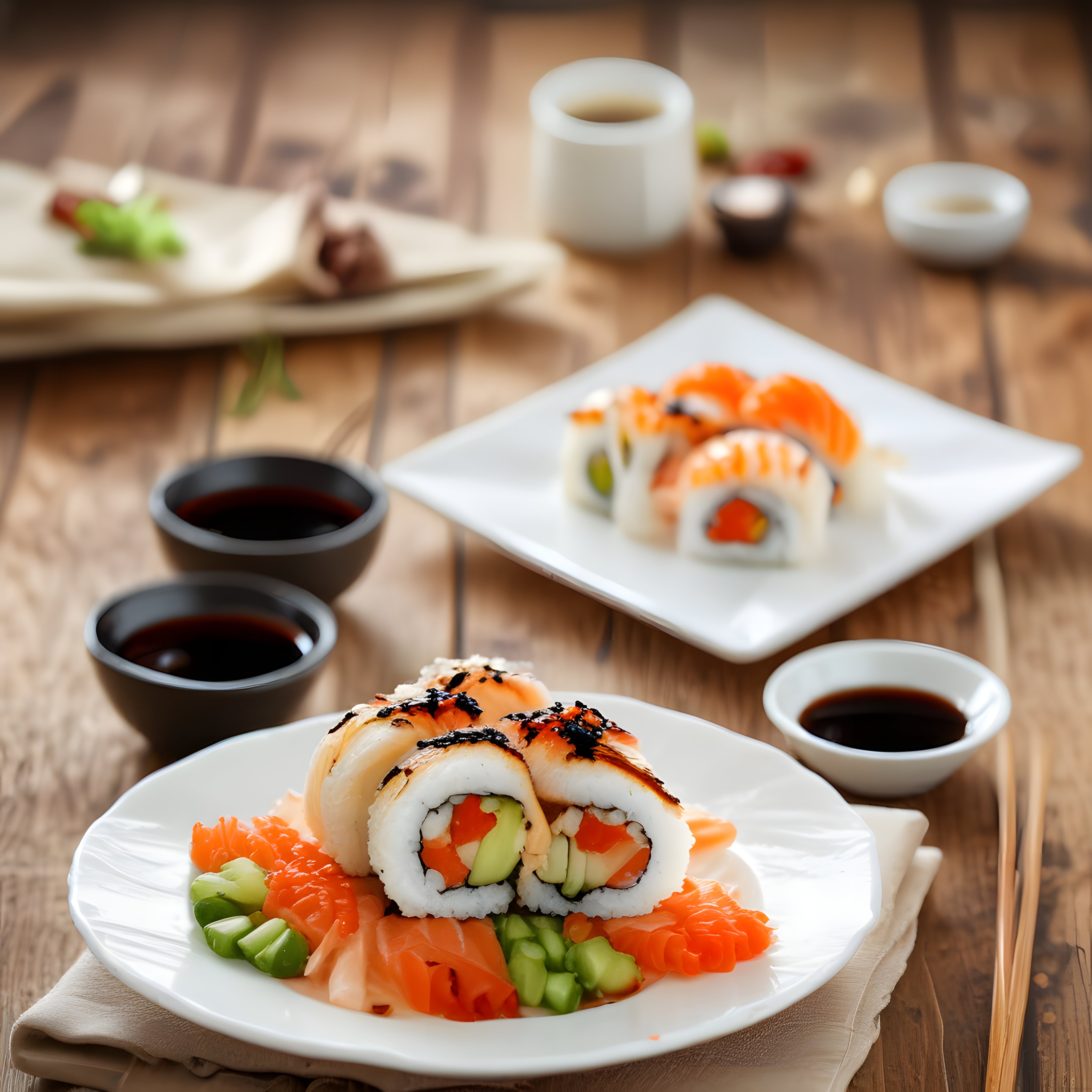 Ahşap Masada Soya Sosu Eşliğinde Taze Somonlu Sushi ve Makiler