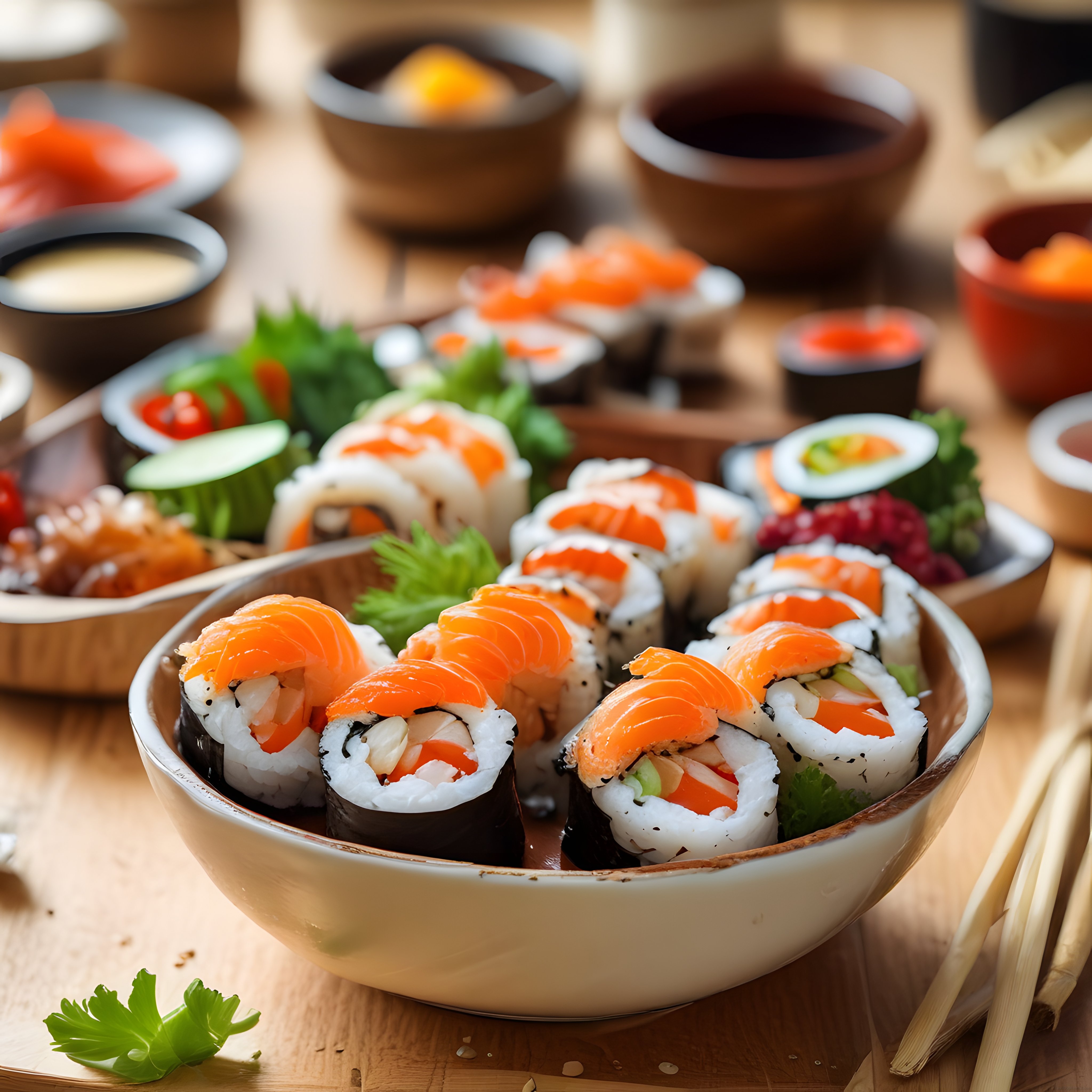 Ahşap Masada Soya Sosu ile Taze Somonlu Sushi ve Maki Rulo Sunumu