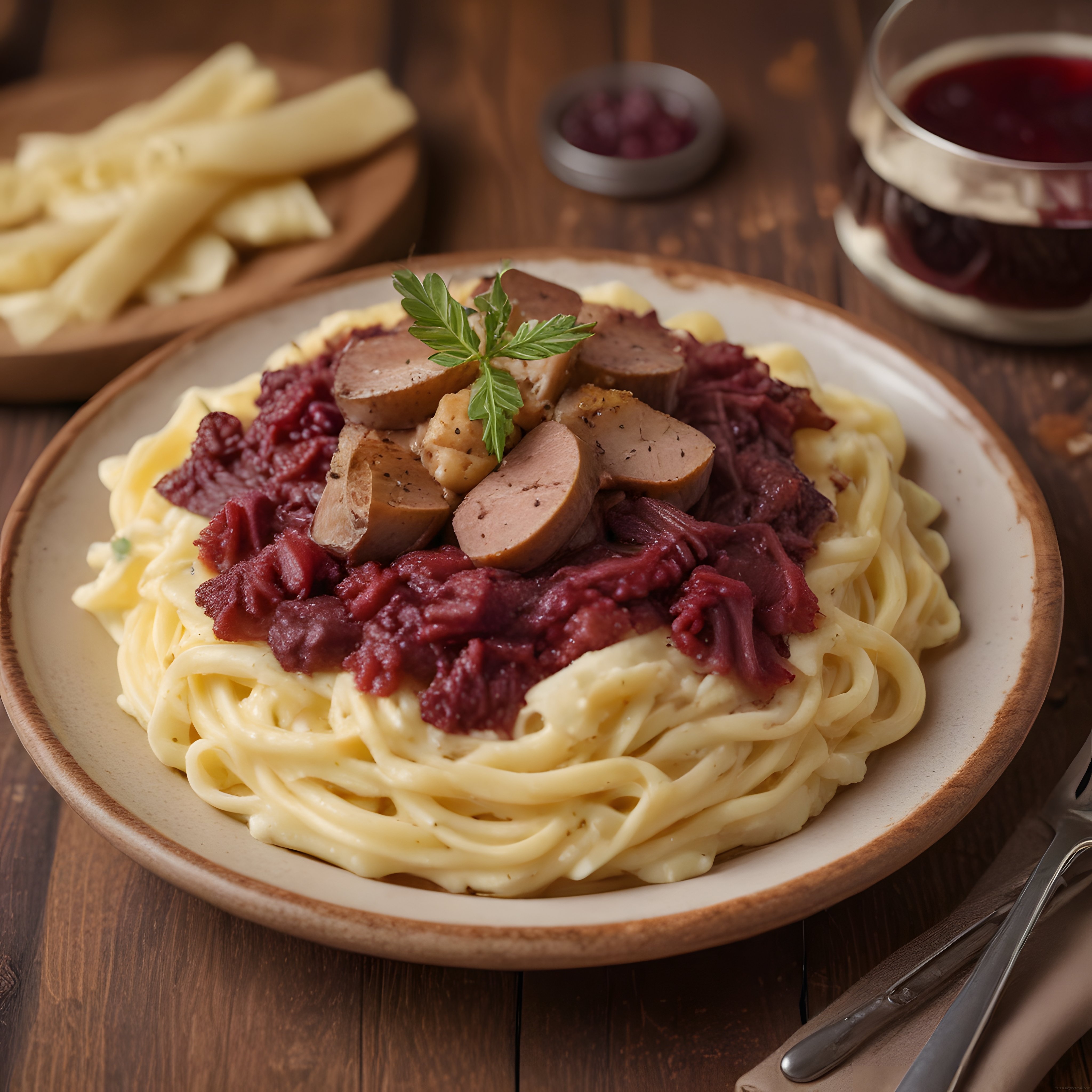 Ahşap masada spagetti, kırmızı lahana ve sosis dilimleriyle lezzetli akşam yemeği