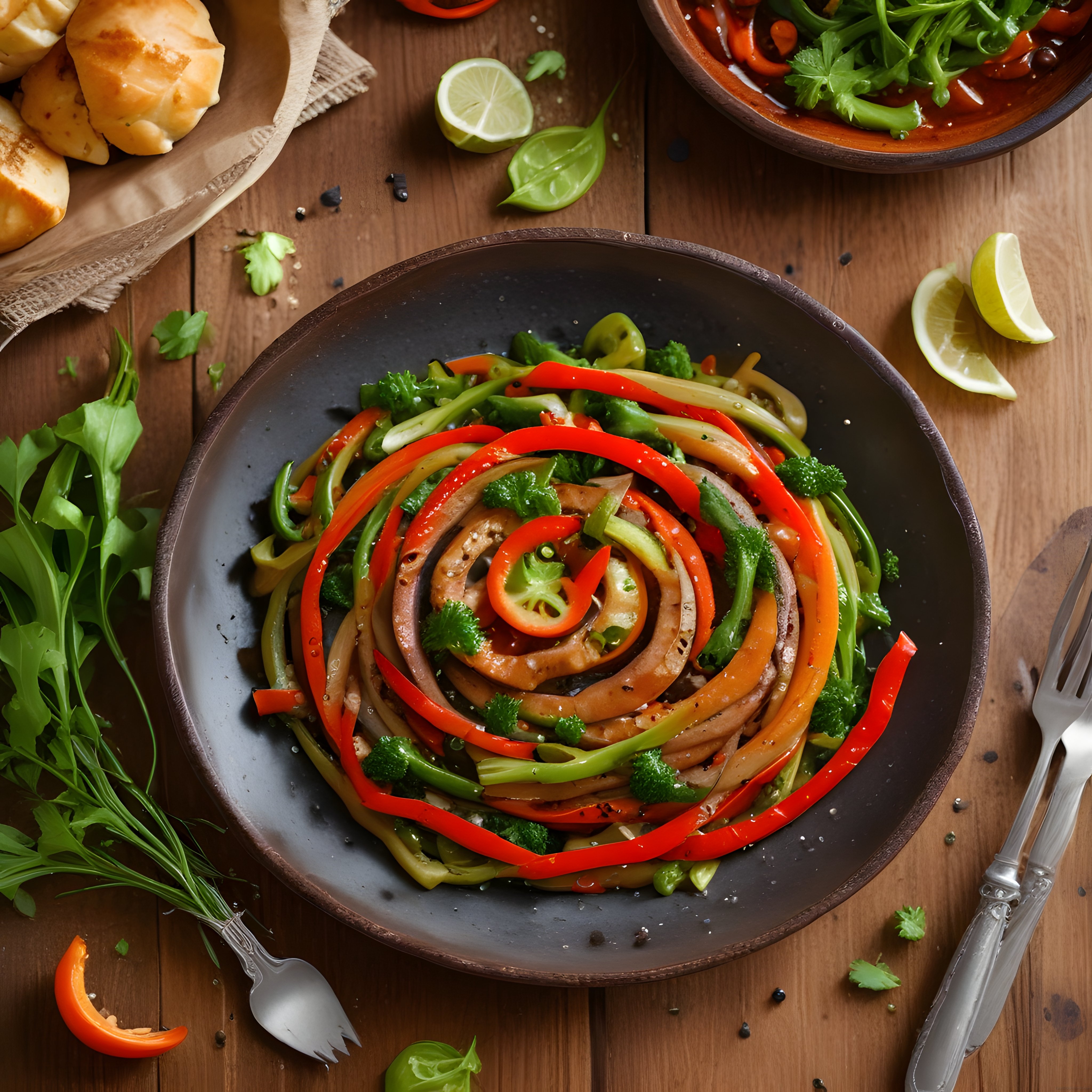 ahşap masada spiral sebzeli renkli noodle tabağı ve taze yeşillikler